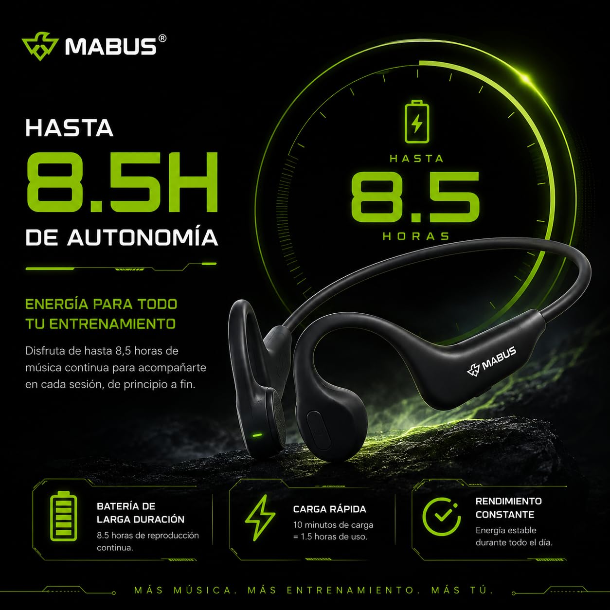 MABUS Cuffie guida ossea sportive IP68 – Bluetooth 5.4, 16 GB memoria interna, subacquee per nuoto, corsa e ciclismo, design Open-Ear, 8,5 ore con ricarica rapida