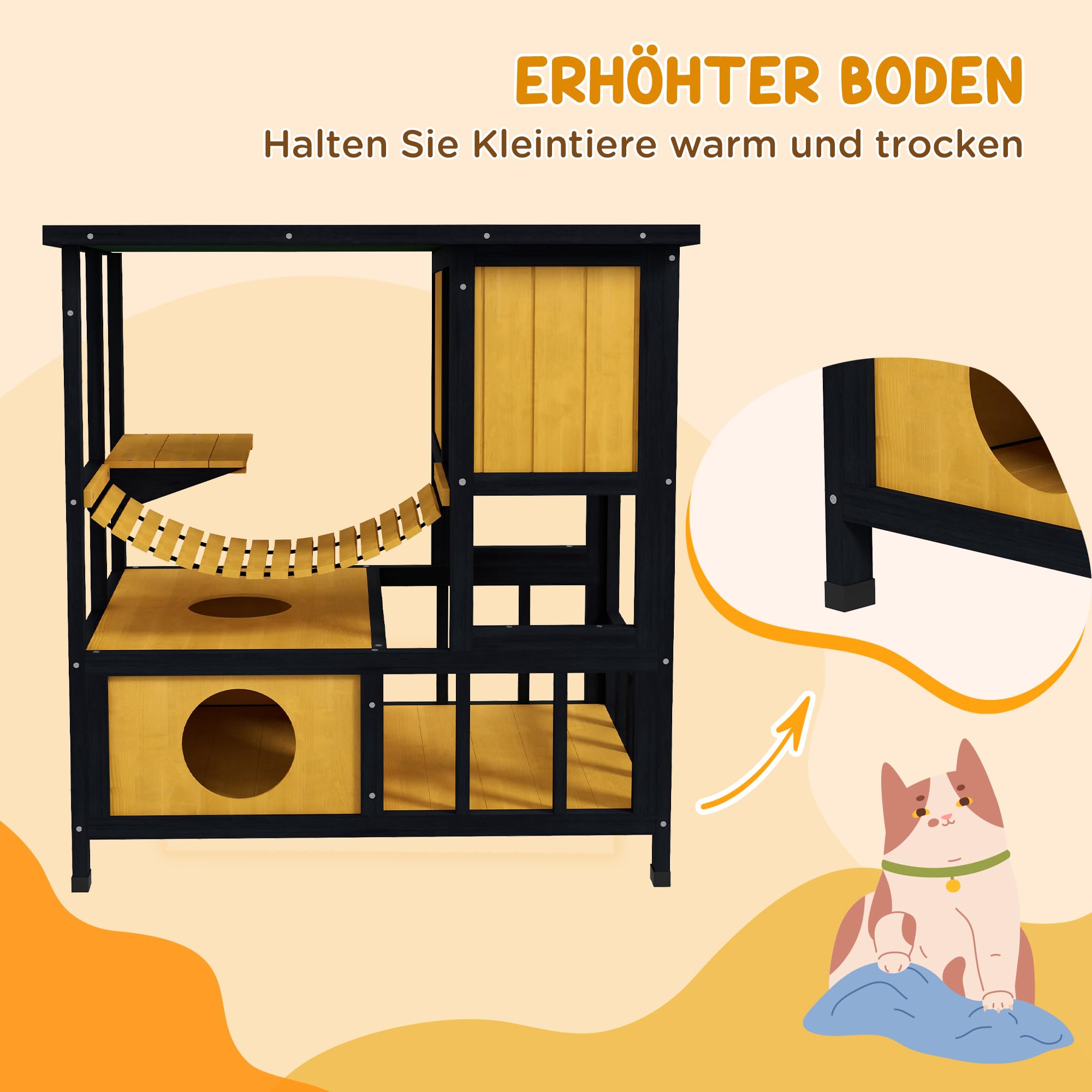 PawHut Katzenhaus aus Holz Wetterfest für 1-2 Katzen 84,5x60x88 cm Gelb | Katzenhöhle für Draußen, Katzenhütte mit Asphaltdach, Hängebrücke, Balkon, Plattform, Schutzhütte, bis 5 kg