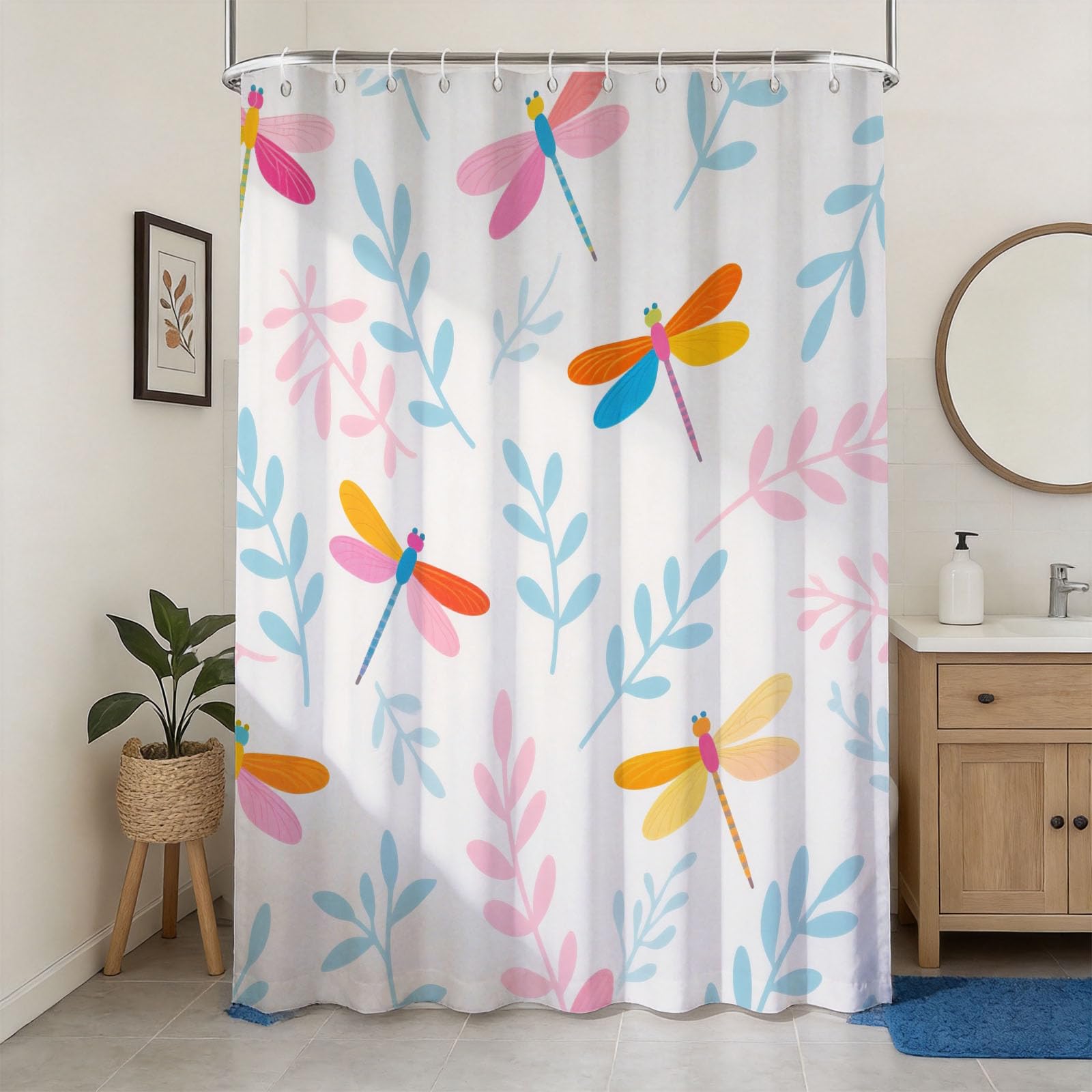Hongduo 3D Dragonfly Shower Curtain for Stalls Bathtubs Simple Bathroom Decor Shower Curtain Set Polyester Fabric Waterproof 180x180cm/71X71 Inch with Hooks