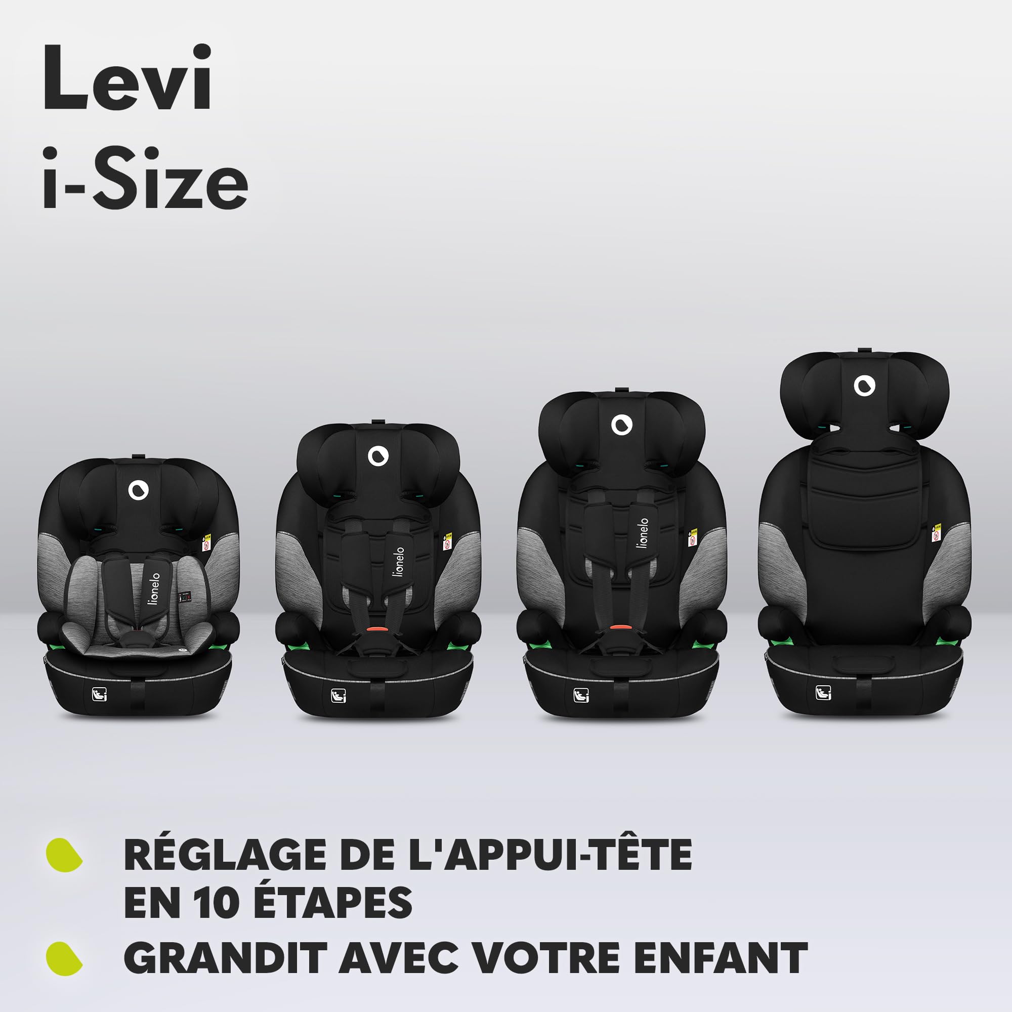 LIONELO Levi i-Size siège auto 9-36 kg groupe 1 2 3 harnais 5 points protection tête appui-tête réglable latérale