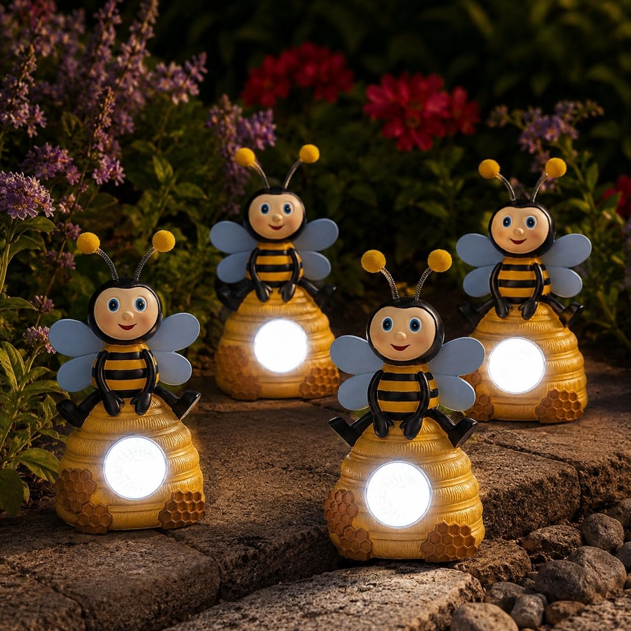 Festive Lights - Pack of 4 Solar Bee Outdoor Garden Border Path Spotlights - 16cm Bumblebee Lights, White LEDs, IP44 Weatherproof Decoration - Driveway Patio Decking Balcony Yard Decor