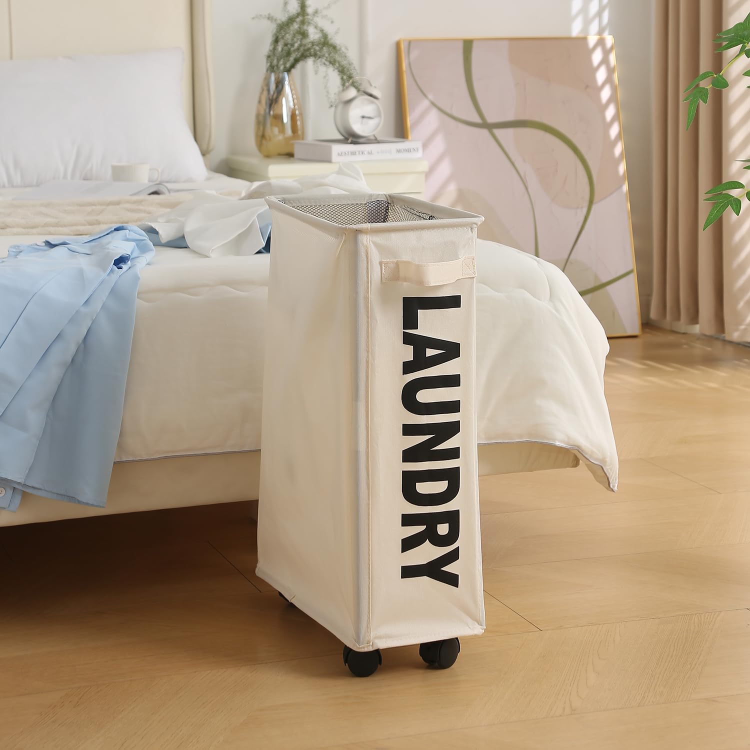 Rolling Laundry Basket with Lid - HOKIPO Cream -2