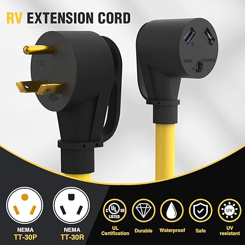 Miniatura 2 de Cable de extensión de RV de 50 pies y 30 amperios NEMA TT-30P a TT-30R con mango de agarre, 3 clavijas de 125 voltios 103 STW 10 AWG calibre 3