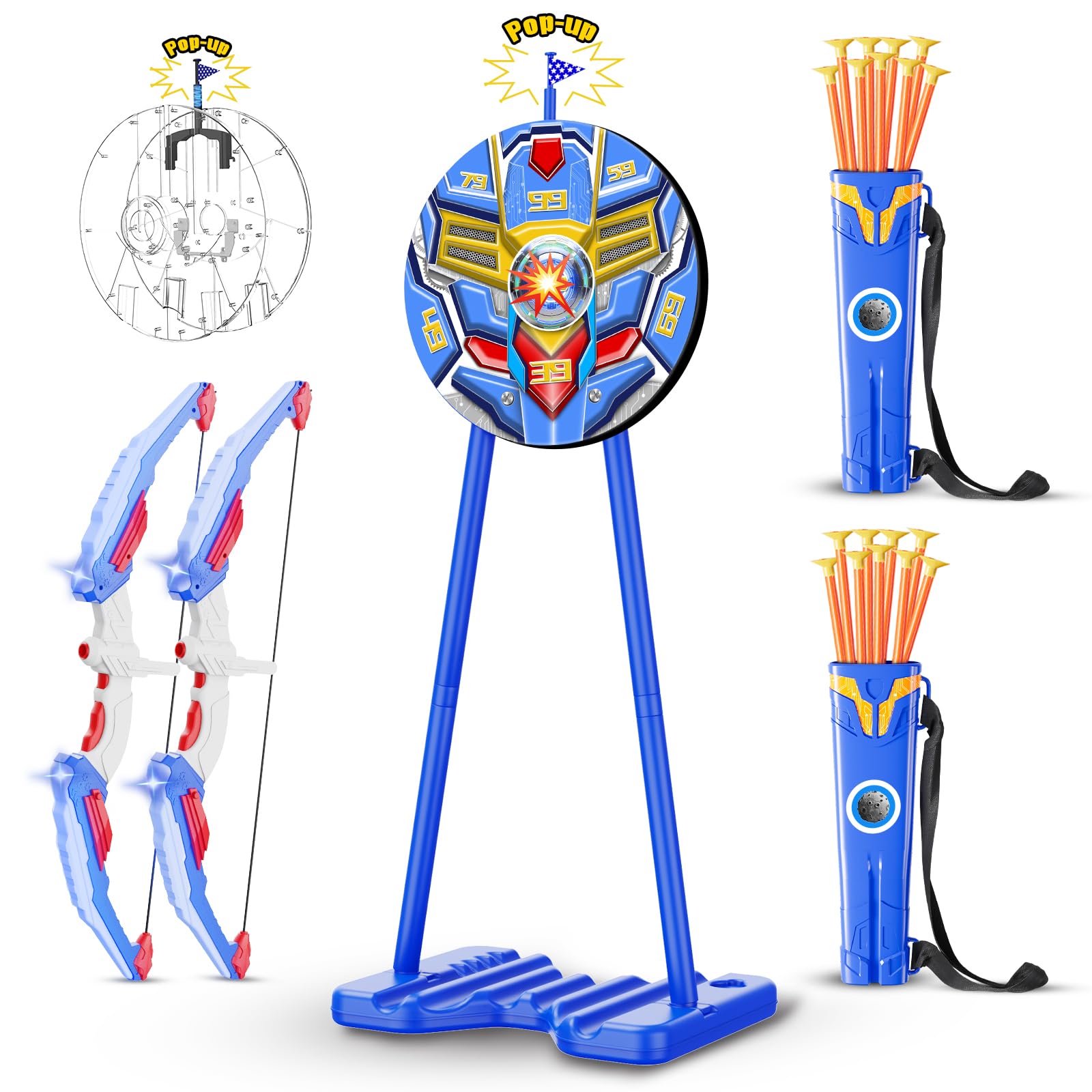 DX DA XIN Set di 2 frecce e arco per bambini, con luce a LED, con bersaglio in piedi, 20 frecce a ventosa e 2 faretine per sport all'aria aperta, regalo per ragazzi dai 4 ai 12 anni
