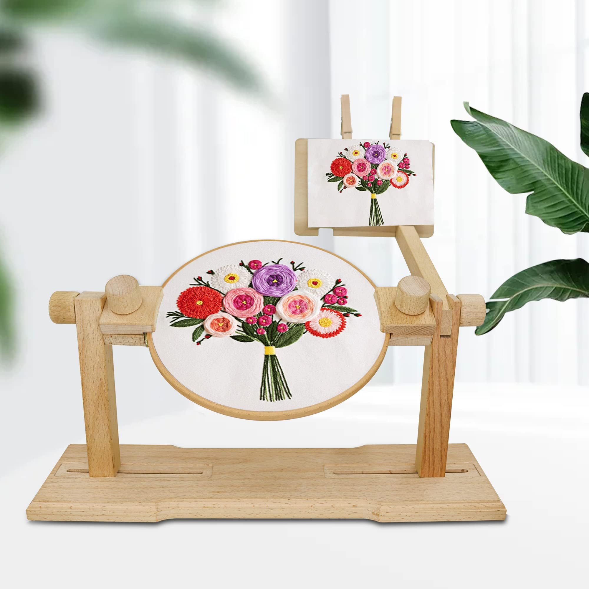 Embroidery Frames and Stands, Adjustable Cross Stitch Frames and Stands, Natural Beech Wood Embroidery Hoop Holder Stand, Sitting Embroidery Hoop for Art Craft Sewing Projects