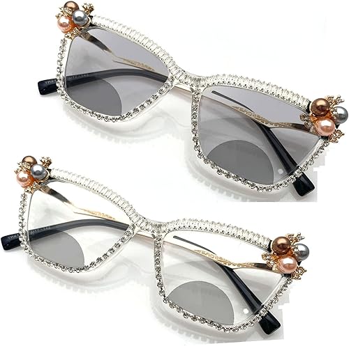 Miniatura 1 de Gafas de lectura fotocromáticas bifocales de transición de gran tamaño para mujer, diseño de ojo de gato, diamantes de imitación para computadora,