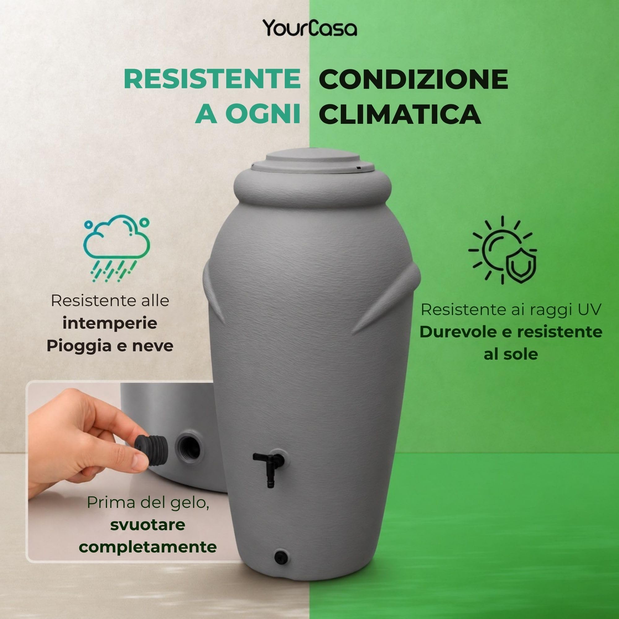 Yourcasa Serbatoio Acqua 210 litri [design anfore] in plastica resistente al gelo – Cisterna acqua piovana con rubinetto – Serbatoio acqua piovana giardino - raccolta acqua piovana (terracotta)
