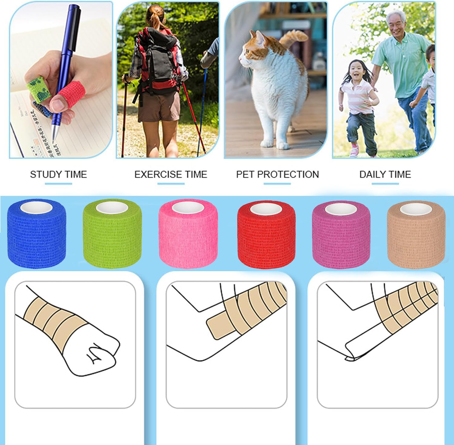 QNLEMON Venda Cohesiva,14 Rolls Vendas Autoadhesivas Bendaje Adhesiva Deportiva Venda Elastica para Muñeca Dedos Lesiones Deportivas,Hinchazón y Venda para Mascotas (2,5 cm x 4,5 m) — view 6