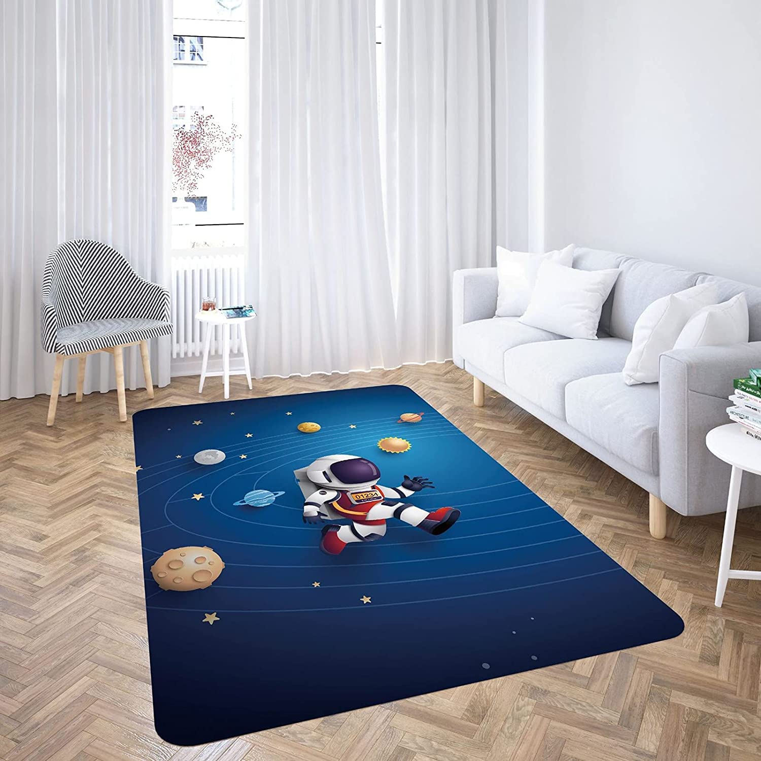 Tapis pour Enfants Cartoon Astronaute Tapis De Salon éToile Mer Vaisseau Spatial FuséE Tapis Flanelle Lavable Et AntidéRapant Jardin d'enfants (160x200 cm, Modèle 1)