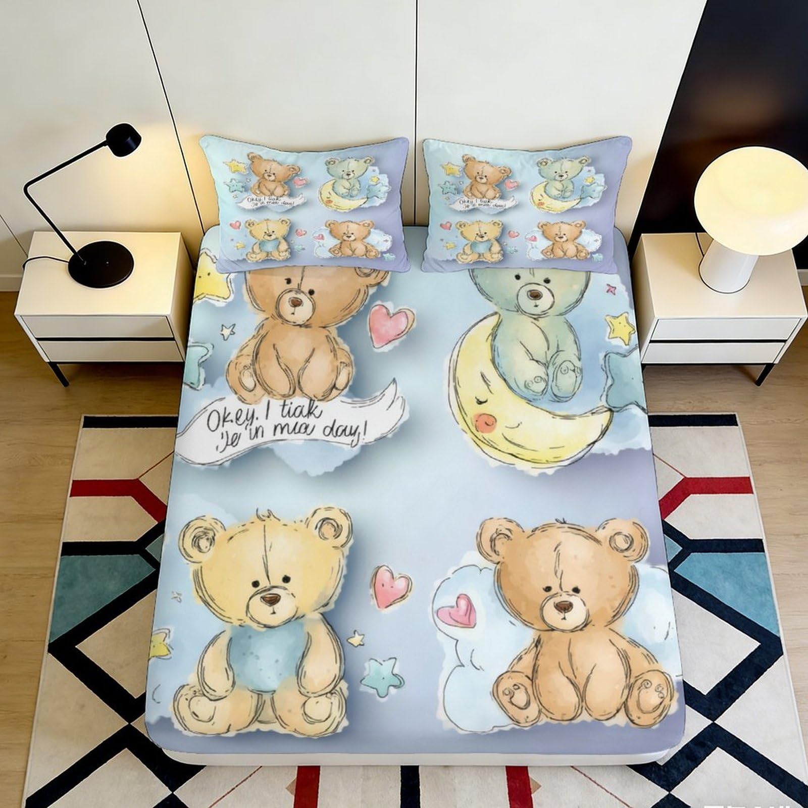 Dhbaneiok Style-7 3D Printed Cute Teddy Bear Fitted Sheet Microfiber Soft Bedroom Decor Heart Moon Mattress Cover For Home Dorm 90X200x25cm
