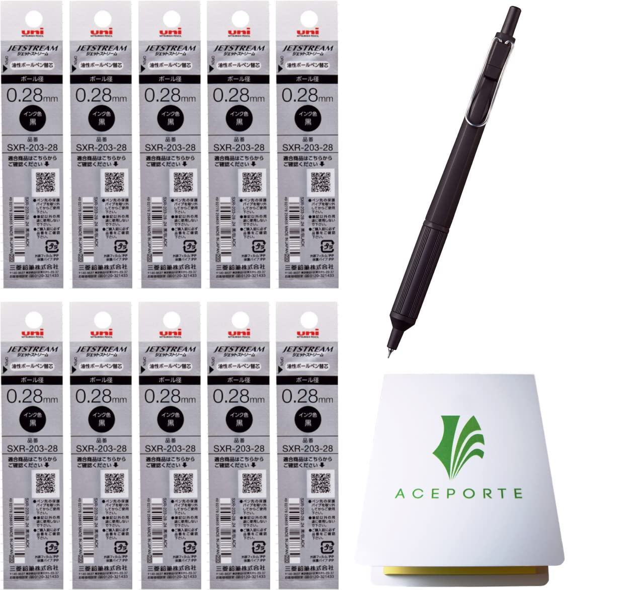 ACEPORTE Uni Jetstream EDGE 0.28mm Oil-based Ballpoint Pen Black Body + 10 Black Refills, Sticky Notes Value Set