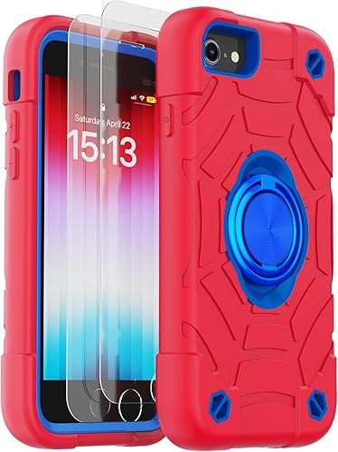 KCJ Funda para iPhone SE 20222020, iPhone 8766S, con 2 protectores de pantalla soporte de anillo silicona suave + policarbonato duro protección de