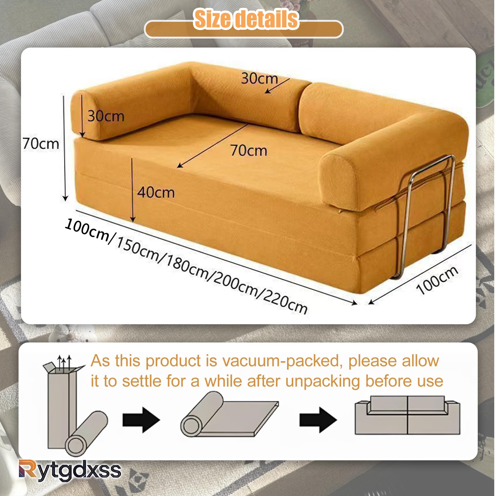 Schlafsofa aus Cord – 2-Sitzer klappbar zum Bodensofa mit Vollschaum – inkl. 2 Kissen & Stahlgestell – Beige,220 cm breit – Boneless,ohne Aufbau(Beige) L:220cm
