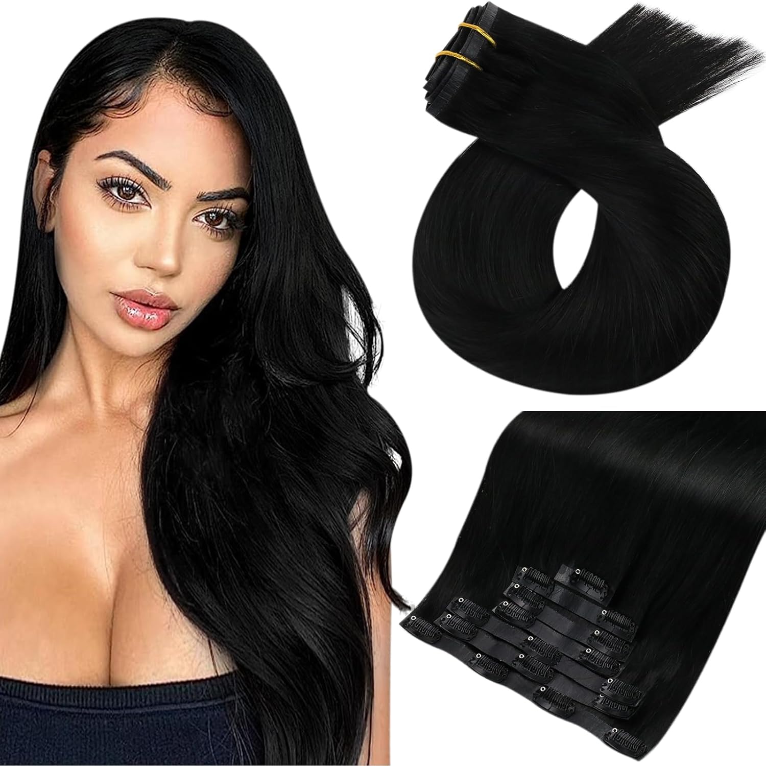 Moresoo Seamless Clip in Hair Extensions Real Human Hair Black Seamless