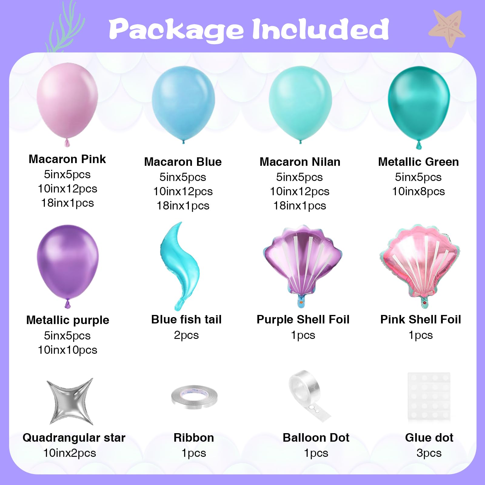 Mermaid Balloon Garland Kit, Tail Arch Party Supplies with Purple Green Confetti Balloons for Birthday Party Decorations and Mermaid Theme Party Supplies for girl