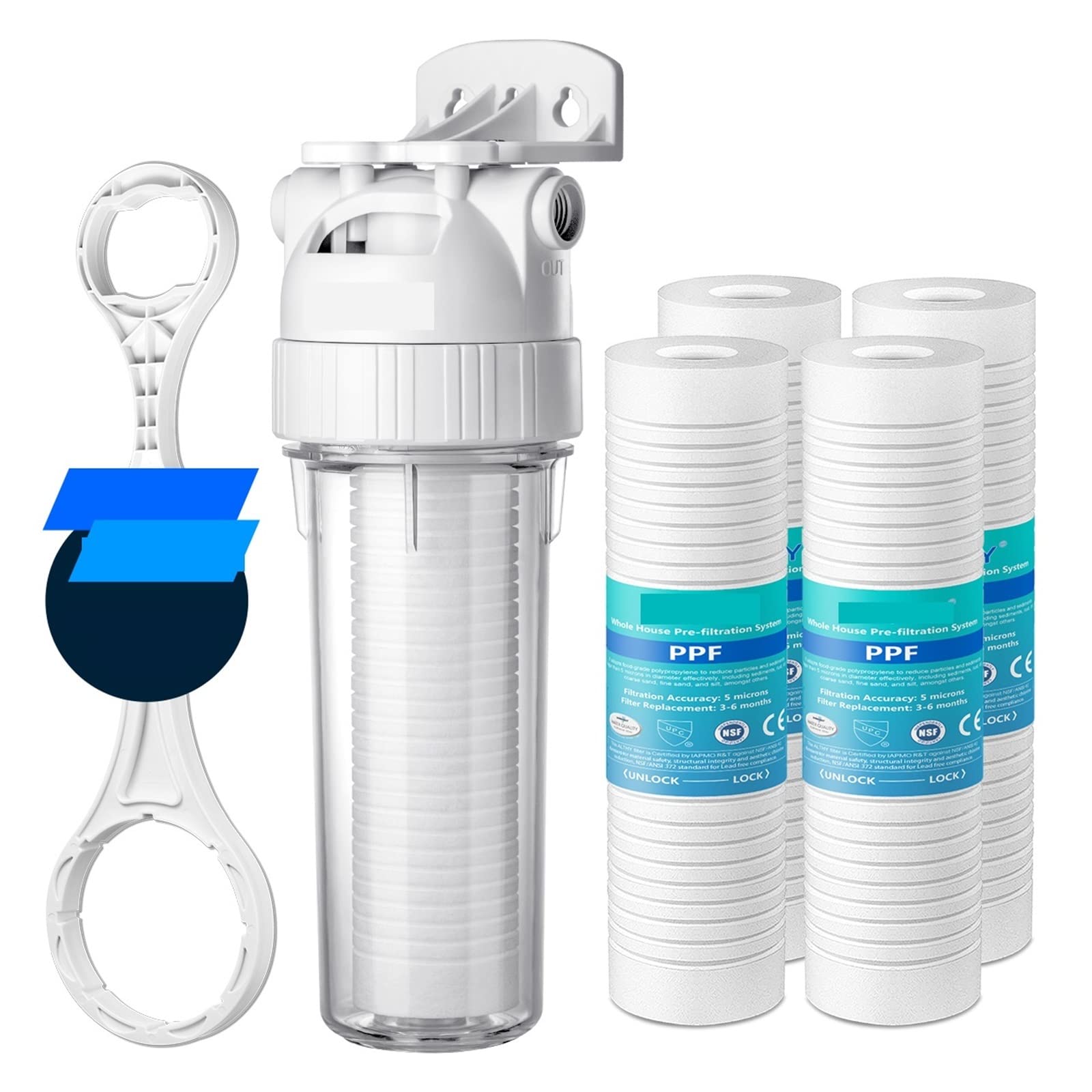 5 mikronów System filtrowania wody osadowej w całym domu Oczyszczacz wstępny, 10-calowy filtr wstępny PPFbawełna Bezpieczne materiały(4x Replace Filter)