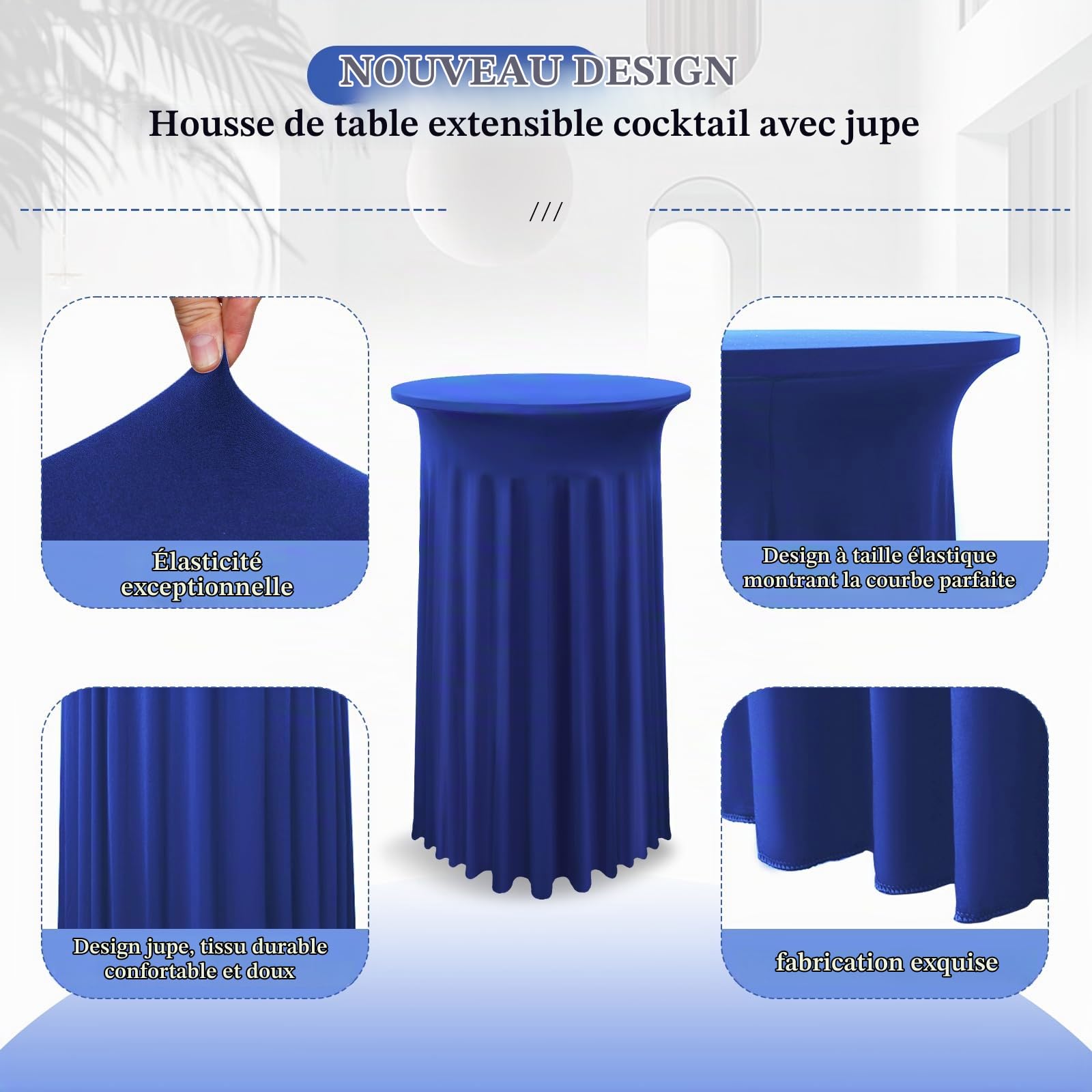 YMHPRIDE Lot de 2 Bleu Housse pour Table Haute, Nappe Mange Debout 80 x 110 cm, Bleu Nappe Jupe Plissée Extensibles en Spandex pour Cocktail Mariage Banquet Anniversaire Banquet Bar Table