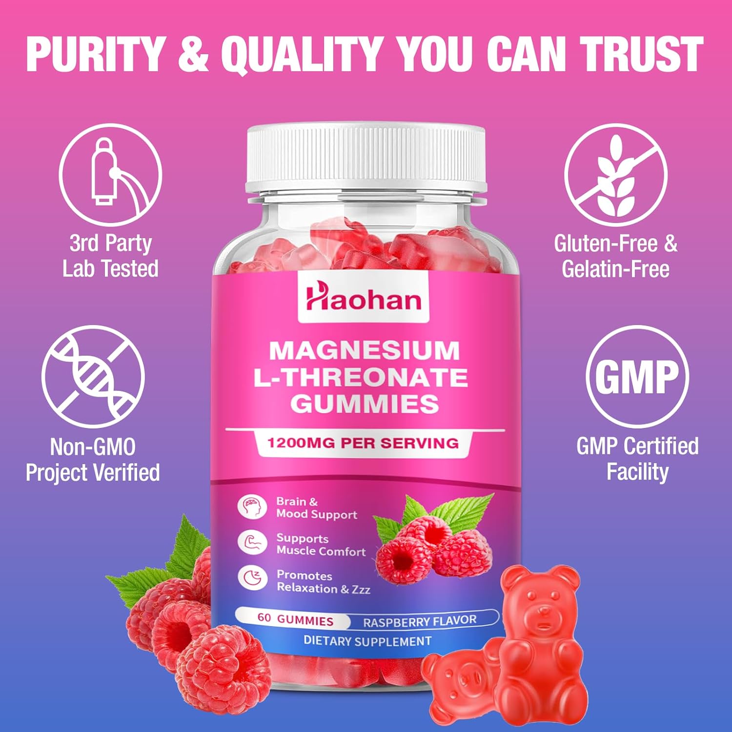 Magnesium L-Threonate 1200mg Gummies to Support Focus & Muscles, Sugar-Free Raspberry Flavor, 60 Count for Adults & Kids - Image 6