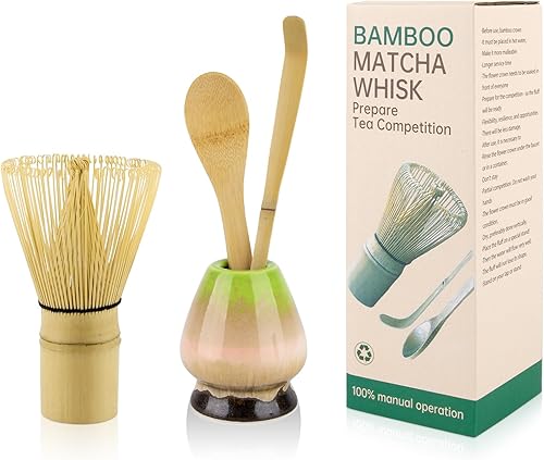 Juego de té Matcha de 4 piezas  Kit tradicional japonés de matcha con batidor de bambú, cuchara, soporte para batidor de cerámica y tamiz  Hermoso