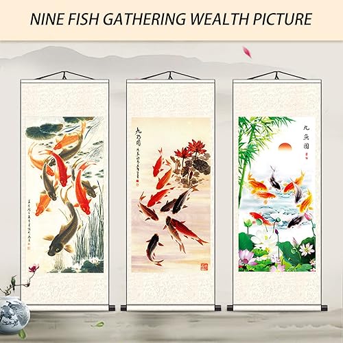 Miniatura 6 de FOVNOT Arte de pared de pergamino de seda china - Pintura de nueve peces koi con loto y peonía, decoración asiática del hogar Feng Shui, pergamino