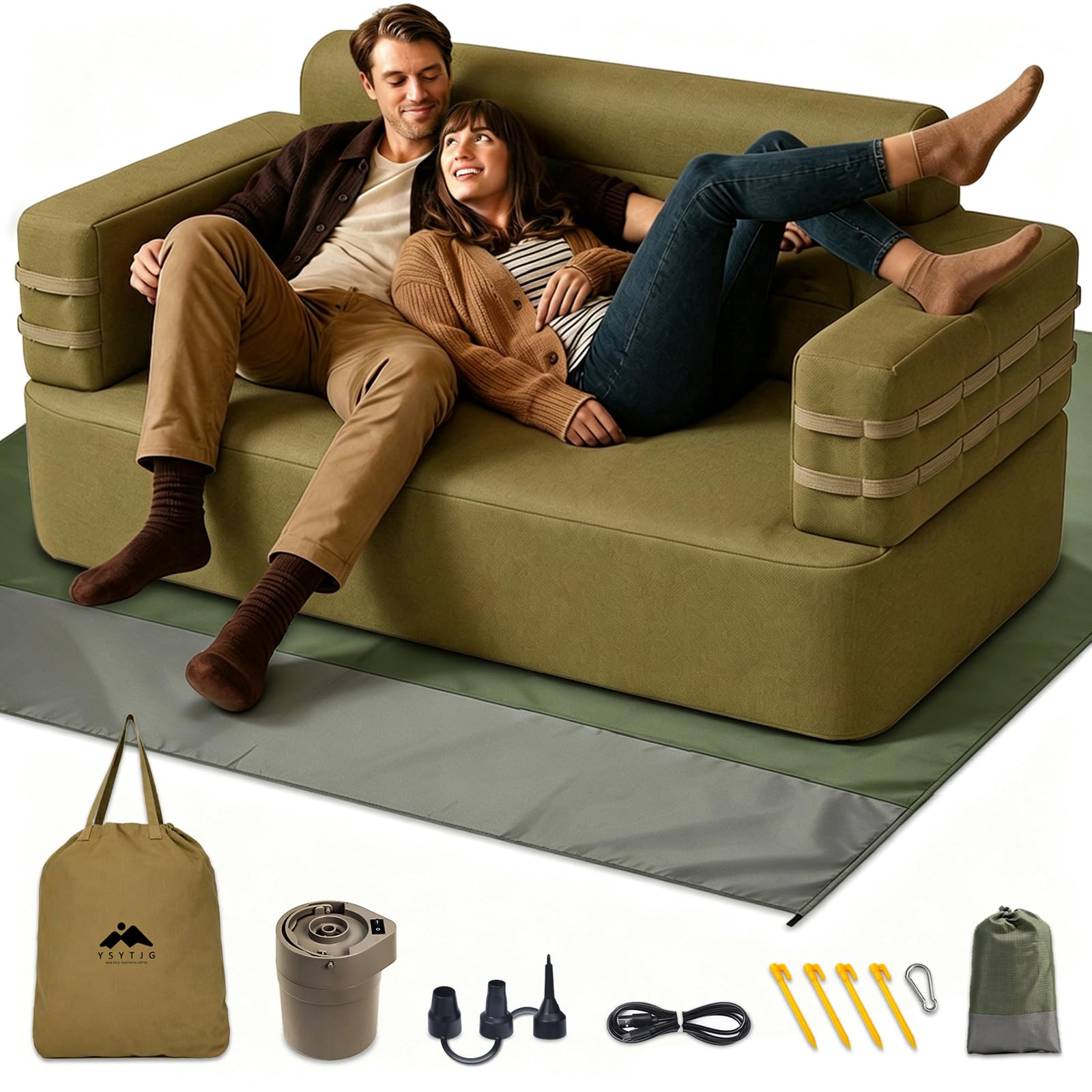 Inflatable Camping Couch with Built-in Pump, Includes Outdoor Mat &amp; Stakes