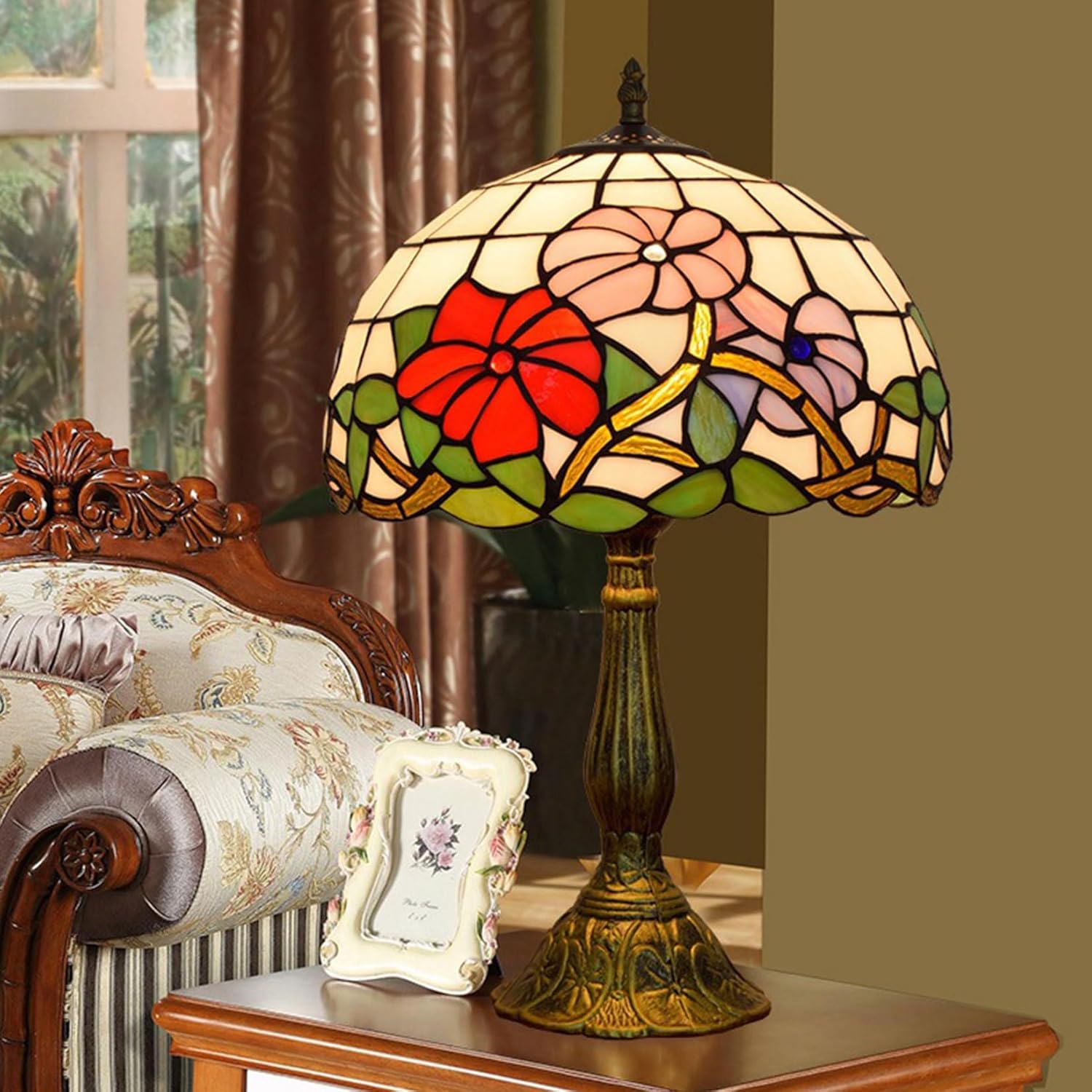 Tiffany Lamp Shade 12 Inch Wide Accessories Replacement Only Red Pink Blue Flower Stained Glass Lampshades Vintage Morning Glory Light Cover for Table Lamp Pendant Light Ceiling Fixture