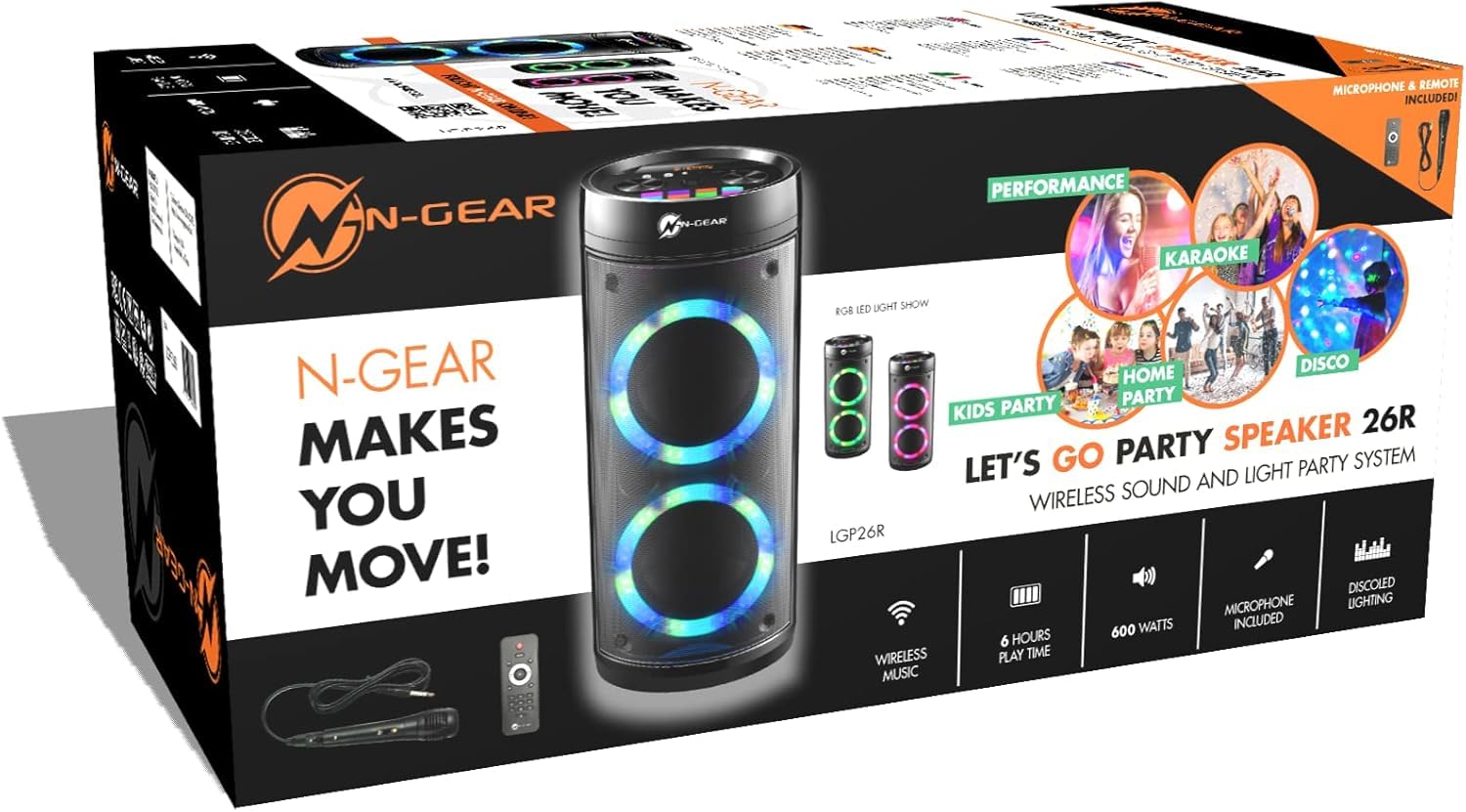 N-GEAR LPG26R Let's Go Party głośnik Bluetooth z mikrofonem karaoke, disco LED, funkcja Power Bank, moc 600 W (40 W RMS) LGP26R
