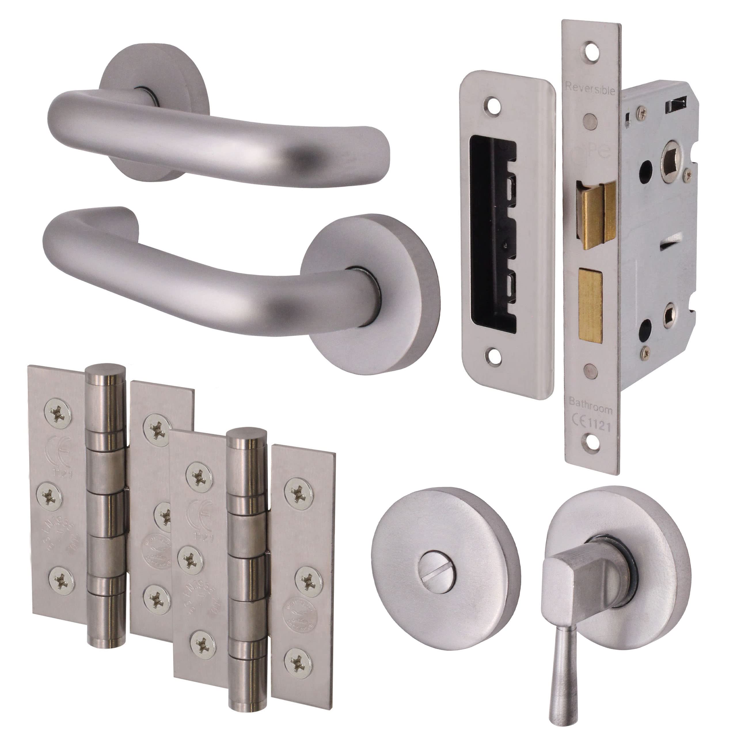 Eai Satin Return To Door Lever On Rose Handle Bathroom Lock Kit | Aluminium | 76Mm Hinge