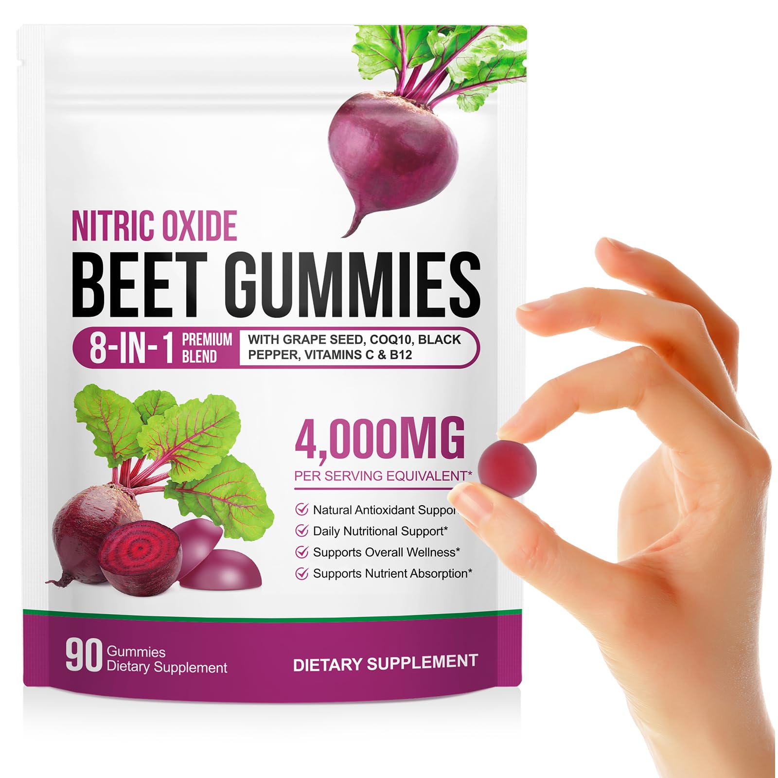 Acorn + Oak Beet Root Gummies 4,000mg, 8-in-1 Beet Root Supplement with CoQ10 & Grape Seed Extract,Sugar Free Gummies for Nitric Oxide Support, Healthy Circulation & Energy Support,90 Gummies