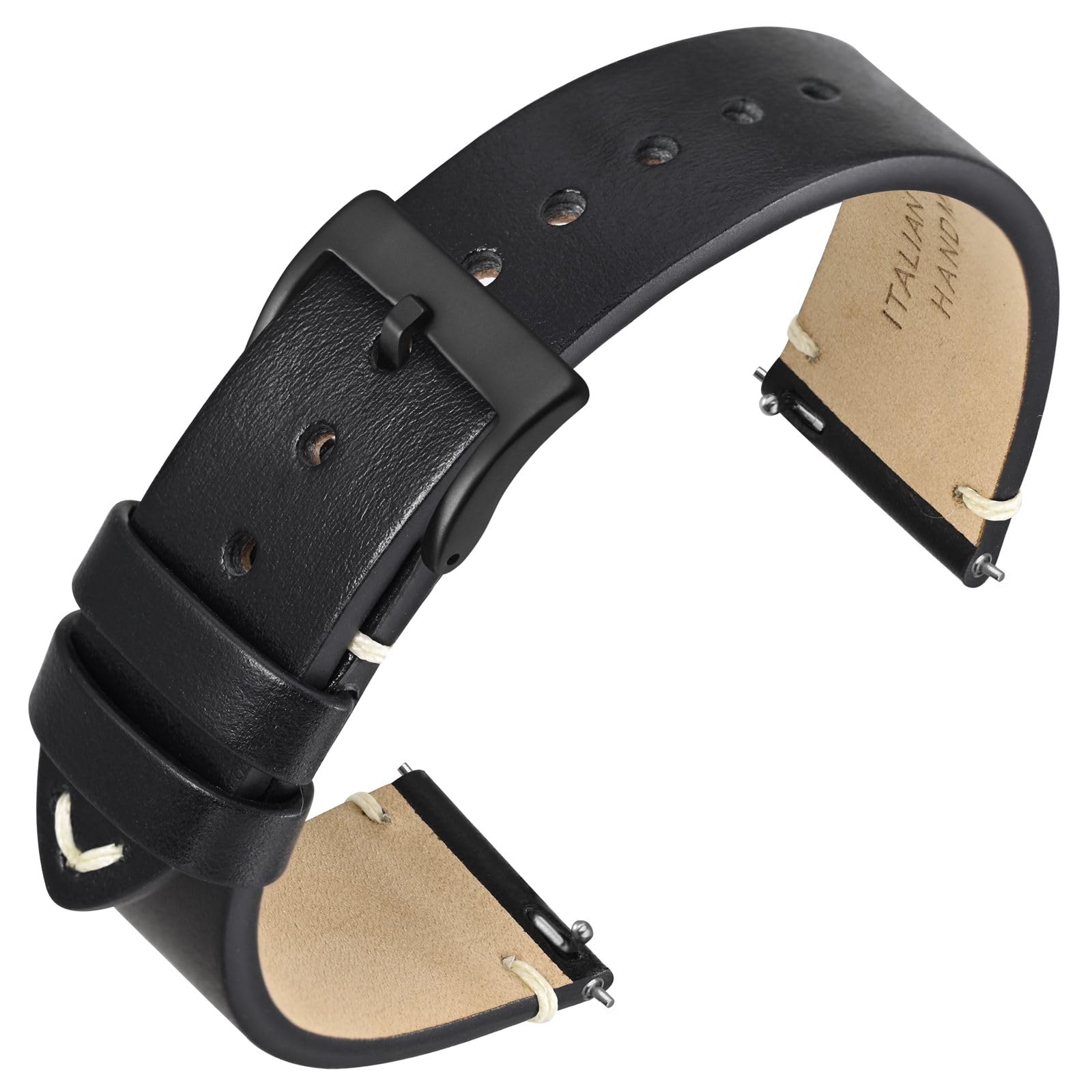 [ANNEFIT] 本革時計バンド 20mm ミリタリーレザー腕時計ベルト Quick Release ブラック/ブラックバックル