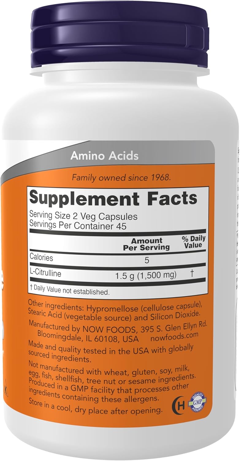 NOW Foods Supplements, L-Citrulline 750 mg, Supports Protein Metabolism*, Amino Acid, 90 Veg Capsules - Image 2