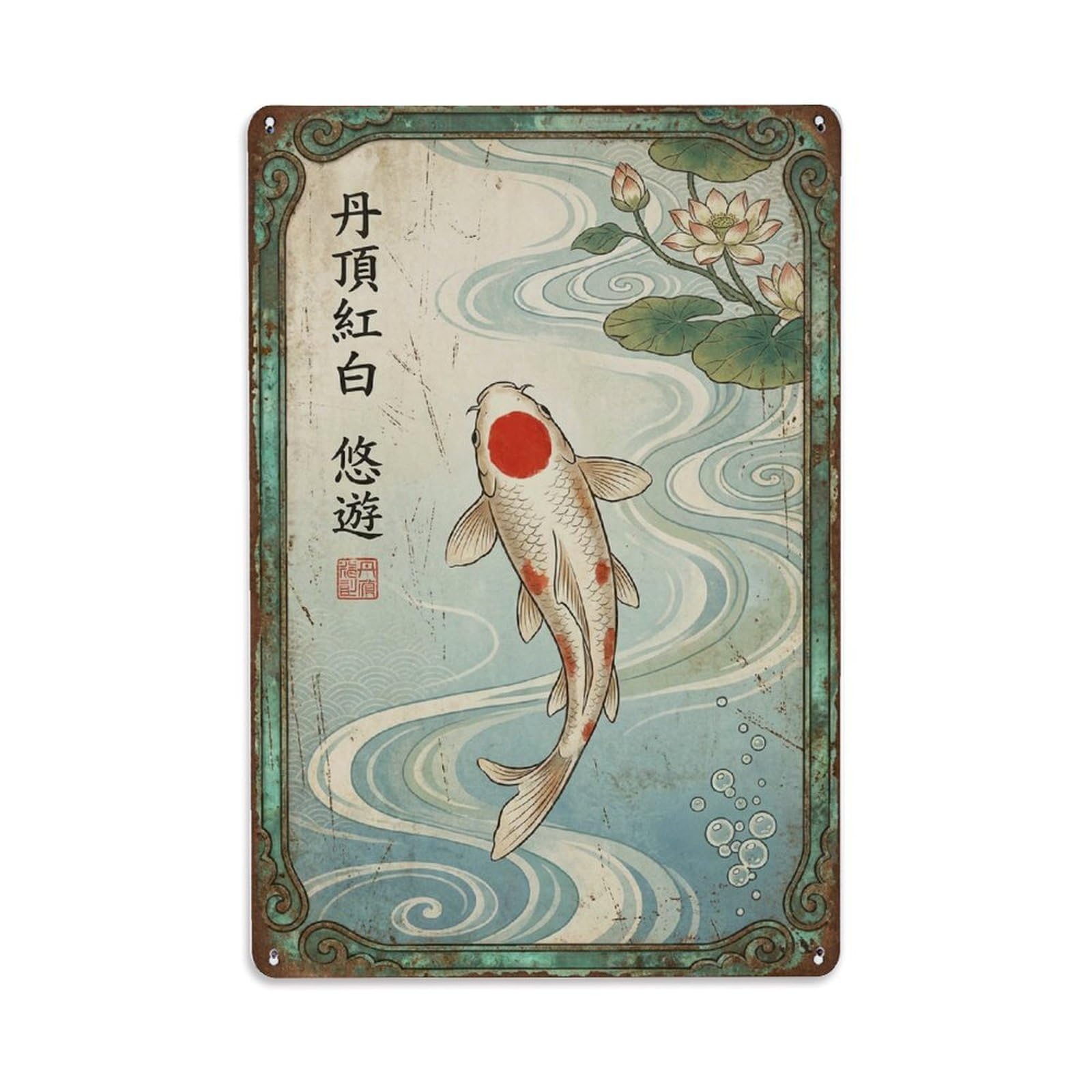 Floating Garden Koi 1 Metal Tin Sign Plaque Wall Decor for Cafe, Club Bar, Office, Home Garden Metal Poster 8x12Inch