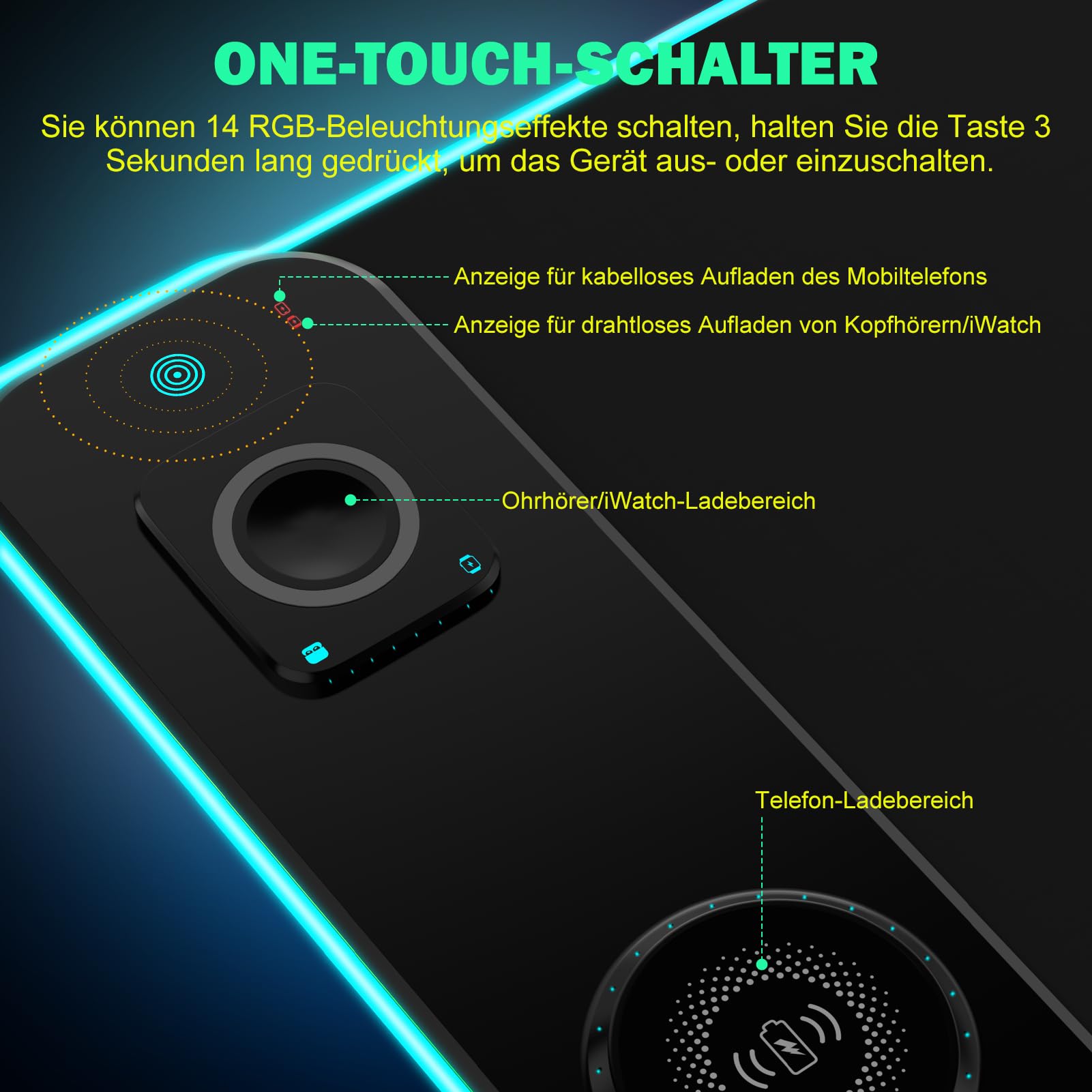 Alfombrilla de ratón RGB Gaming 15W Qi Mousepad LED, 10 modos de iluminación con carga rápida de 15W Qi carga inalámbrica para I-Phone teléfono móvil, auriculares, impermeable, antideslizante para