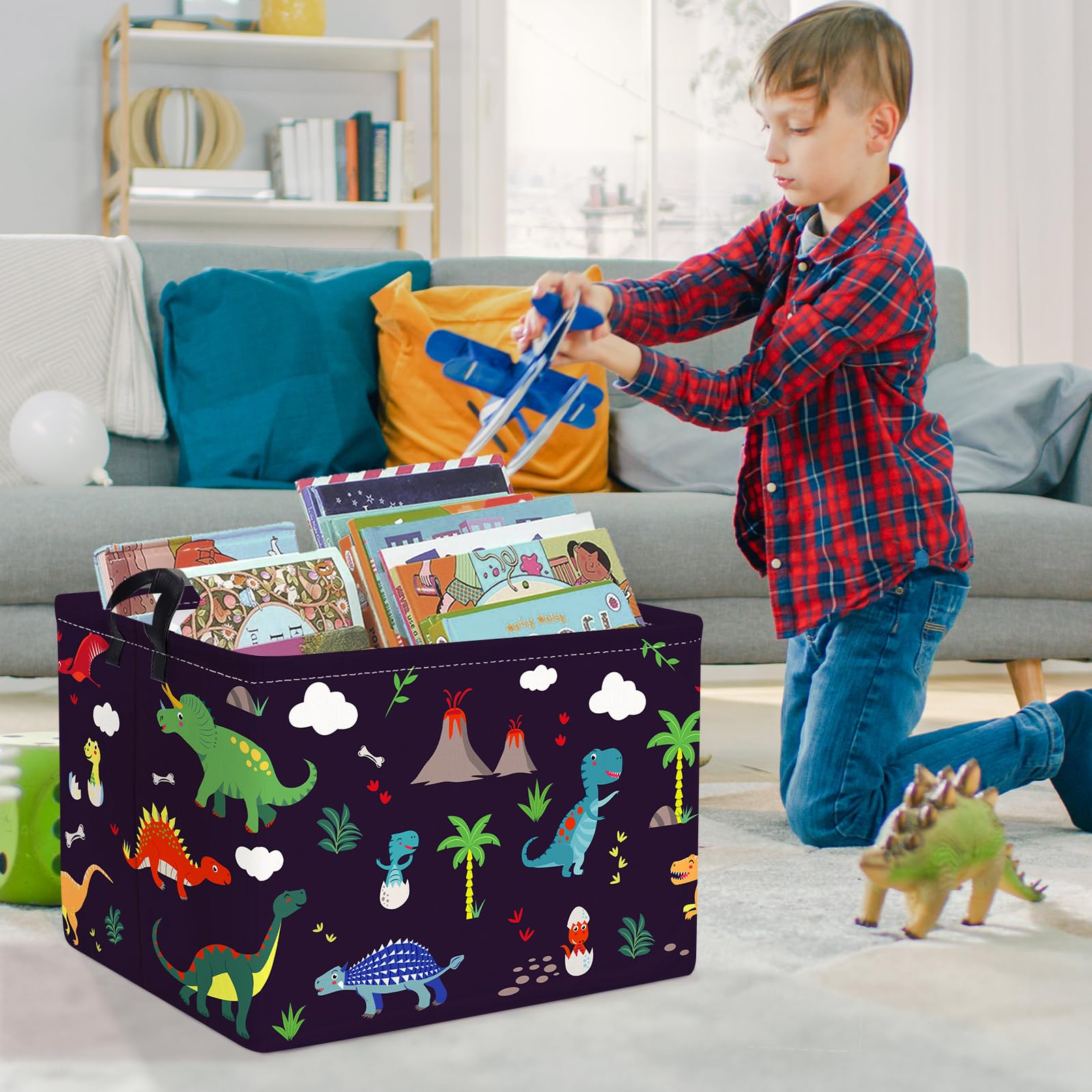Clastyle Cestino Portaoggetti Dinosauro Triceratopo Albero Vulcano Ceste per la Biancheria Nero Giocattoli Rettangolare per Camera dei Bambini, 40x30x30 cm