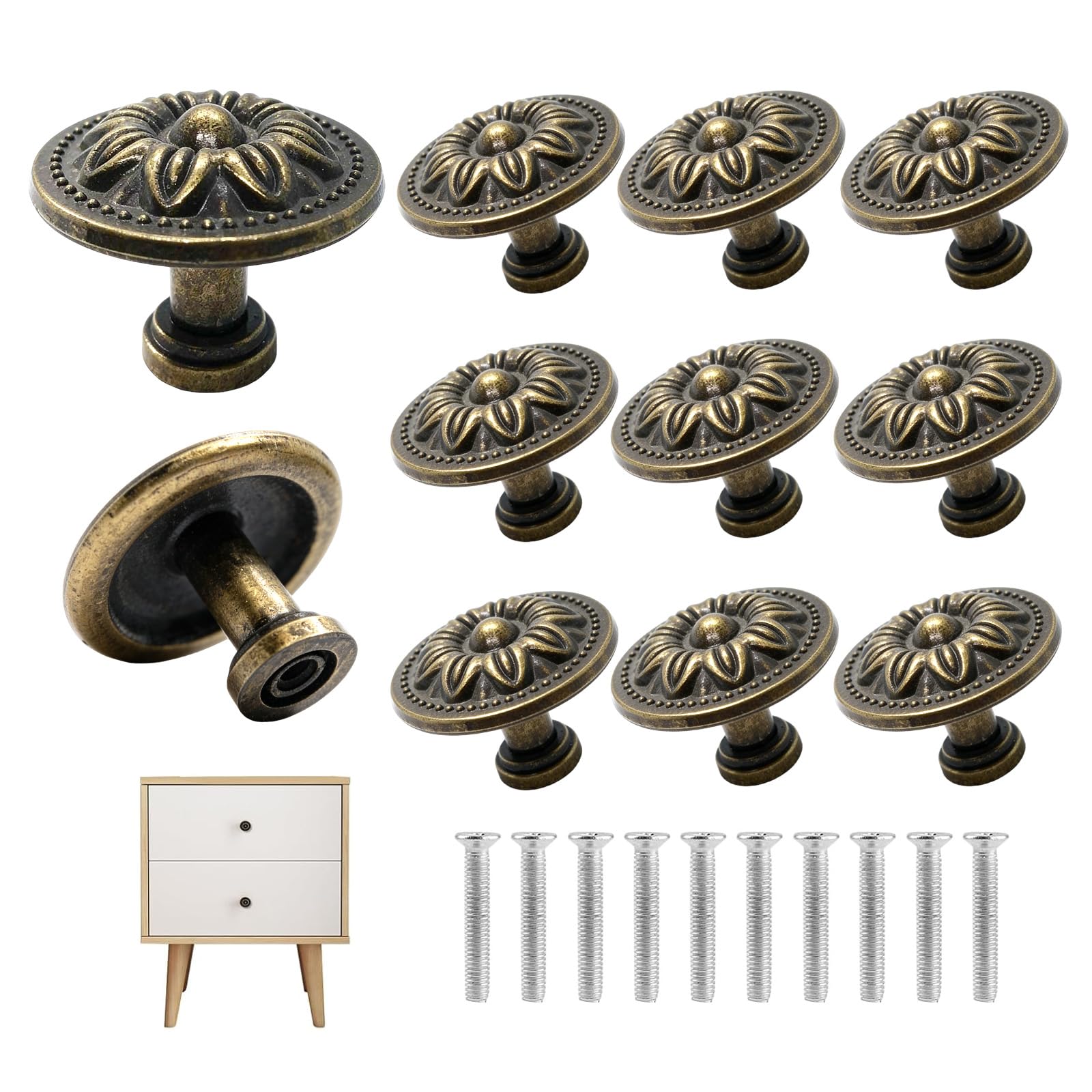 Xnqelerate 10Pcs Rotundity Engraved Drawer Knobs, Vintage European-Style Metal Cupboard Knobs, Decorative Drawer Handles and with Screws, for Wardrobe, Dresser, Cupboard, Jewelry Boxes