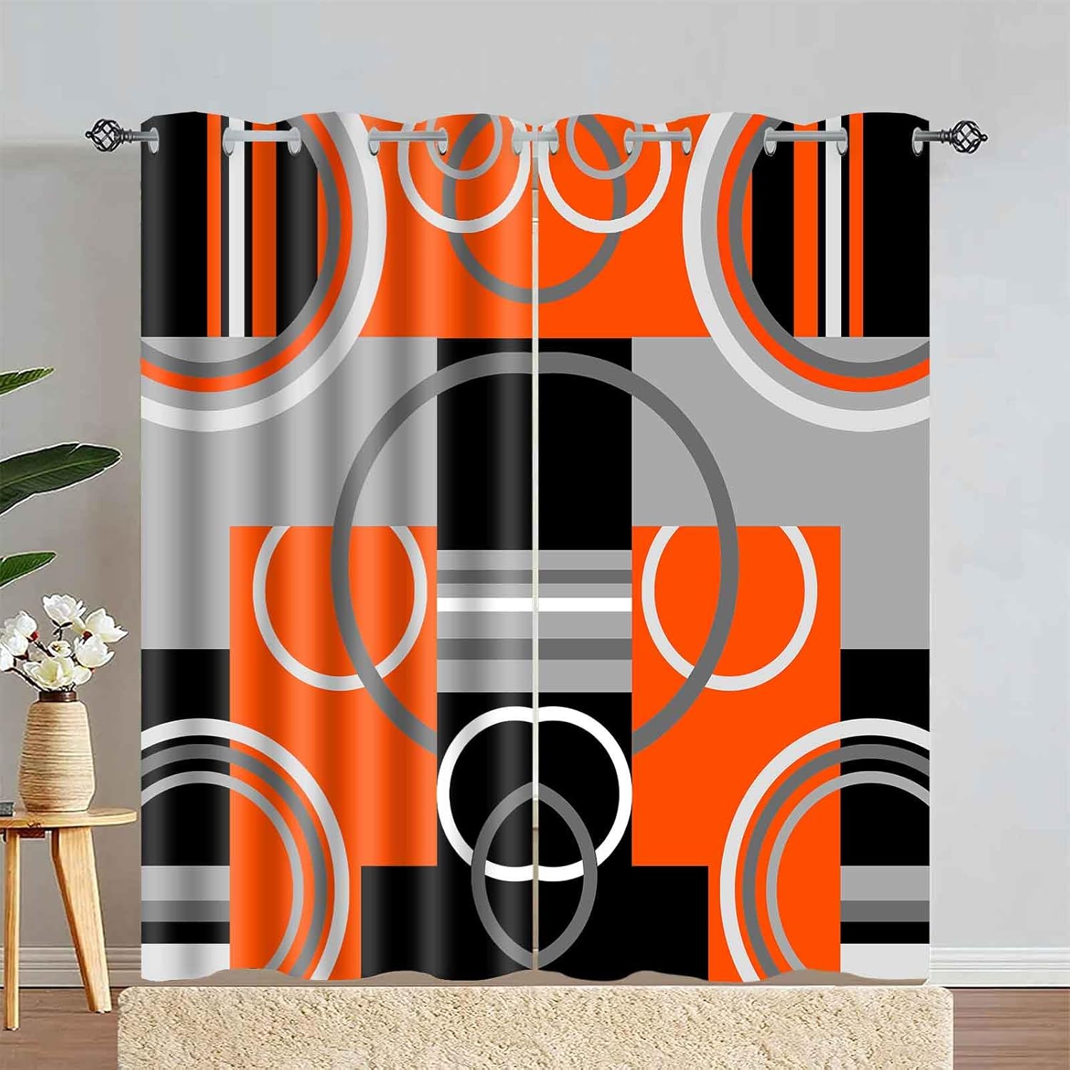 Orange Gray Geometric Blackout Curtains for Bedroom, White Gray Modern Abstract Plaid Circle Room Darkening Curtain Thermal Insulated Window Drapes for Living Room, 2 Panels, 42x84 inches Length