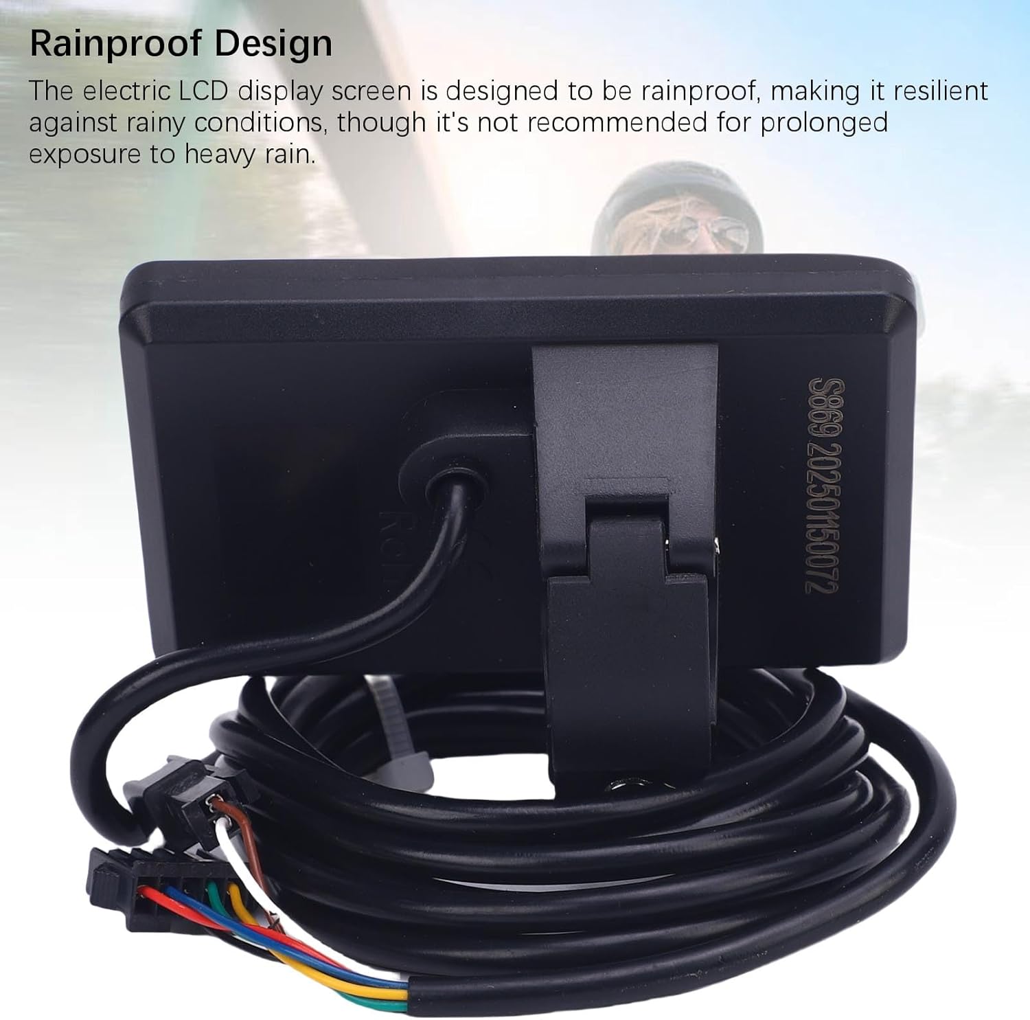 Ẹyìn view of the SPYMINNPOO S869 Electric LCD Display Meter, highlighting its rainproof design.