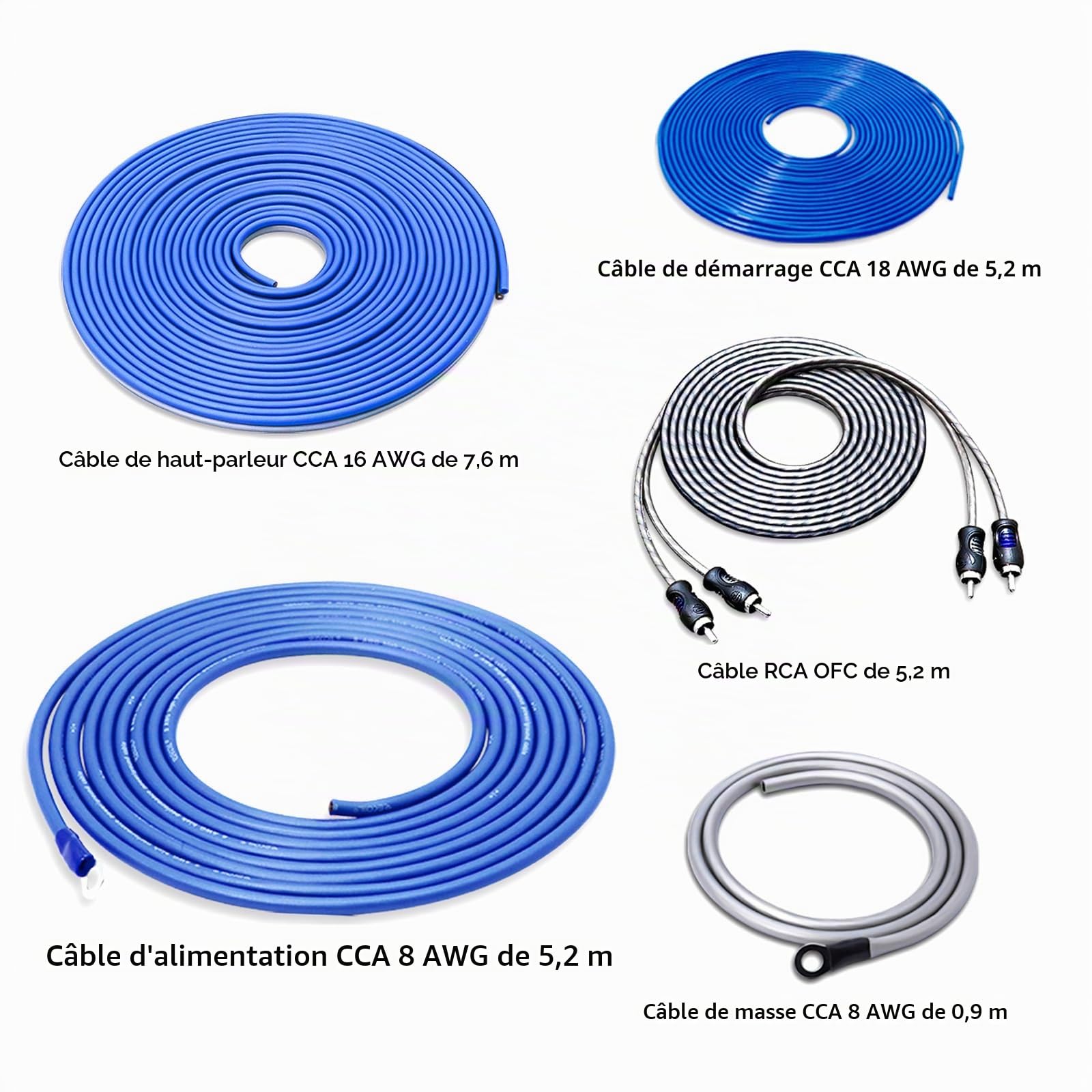 RECOIL RCK-8 Kit de Câblage Complet Amplificateur Voiture 8 AWG (10mm²) – Câble Audio RCA OFC + Alimentation CCA, Kit Câbles pour Ampli Basses, Compatible La Plupart des Voitures