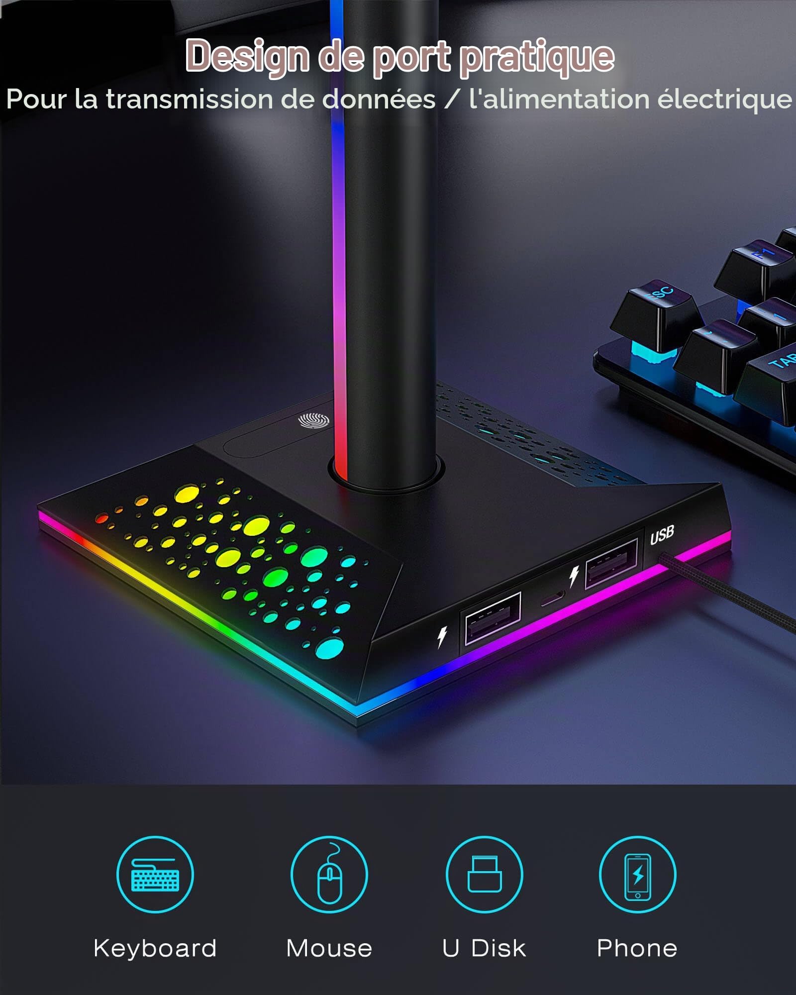 Hcman Support Casque Gamer RGB Porte Casque Gaming Accessoire LED Repose Casque avec 2 Ports USB, Portable Universel Headset Stand, Noir