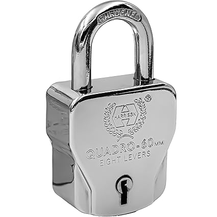 Harrison Padlocks/Square Padlock 60mm 8 Lever with 4 Keys QUADRO-5561 Pack of 1/ Mild Steel Material/Bright Chrome Plated Finish/Door Lock, Shutter Lock, Godown Lock, gate Lock