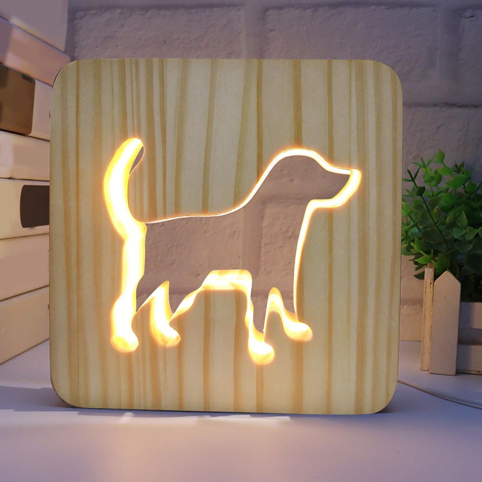 Drewniana Lampa Biurkowa Dekoracyjna Lampa LED Z Psem | Urocze Światło Nocne Dla Dziewczynek I Chłopców Do Sypialni, Pokoju, Pokoju Dziecięcego, Przy Łóżku, Nauki, Na Biurko,