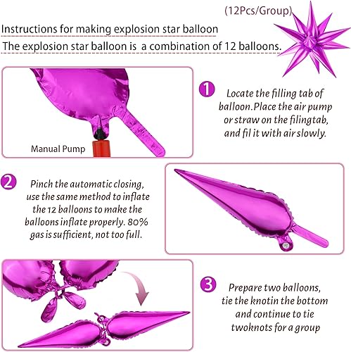 Miniatura 3 de Moukiween Globos de estrella de 12 puntos, 50 globos de papel de aluminio de explosión rosa intenso, globos de Mylar con cono de estrella para