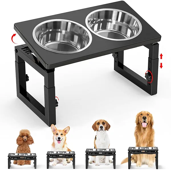 Elevated Dog Bowls Black, 4 Height & Angle Adjustable Raised Dog Bowl Stand, Elevated Dogs Bowl Station for Medium Sized, Sturdy Bamboo Dogs Feeding Station with 2 Stainless Steel Dishes (48oz/6cup)