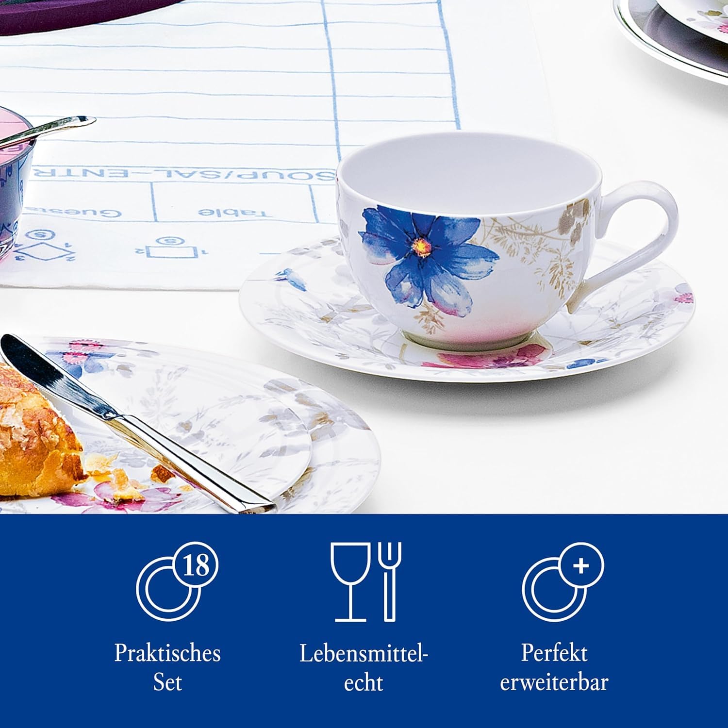 Villeroy & Boch - Mariefleur Gris Basic Kaffee Set 18 teilig für 6 Personen, Kaffeeservice, Tafelservice, Geschirr Set, Geschirrset Blumen, Blümchengeschirr, Schönes Geschirr Blumig, Premium Porzellan