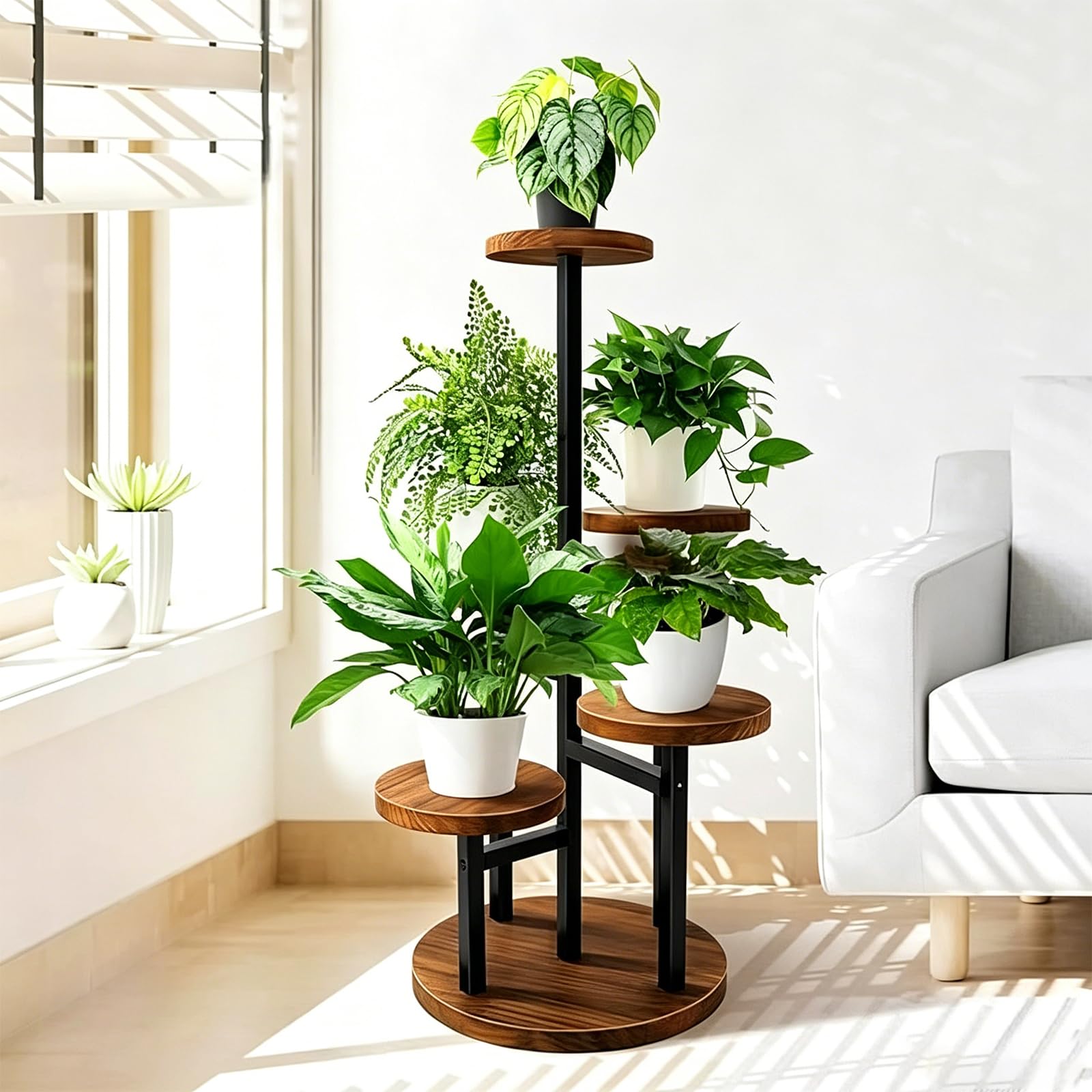 ATRBNCX 5 Tier Plant Stand Indoor, Corner Tall Flower Shelf For Multiple Pots, Rustproof Metal & Wood Display