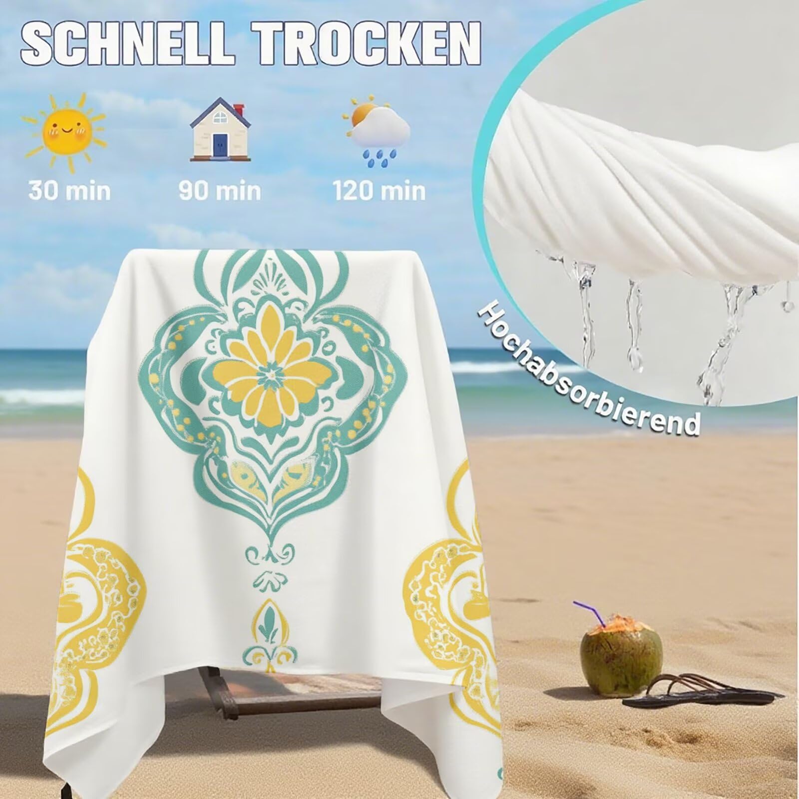 Mikrofaser Strandtuch 180x100 cm, Strandtuch Retro Sandfrei, Schnelltrocknendes und Strand Sonnenschutz Funktion Mikrofaser Handtuch groß für Badezimmer Strand Schwimmen Camping Strand Zubehör Q-298