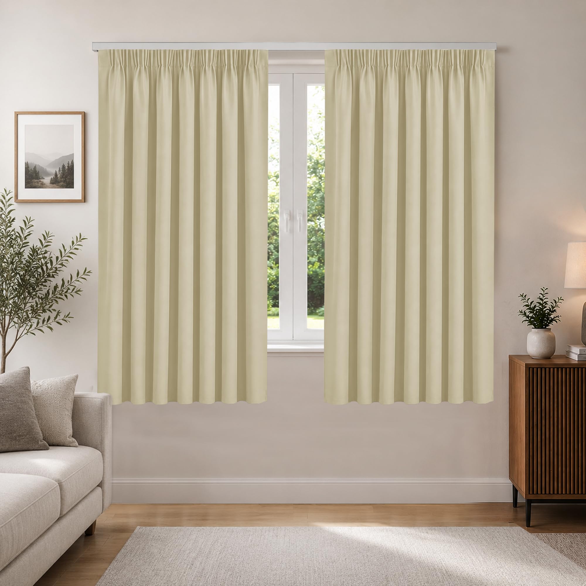 Aspire Homeware Cream Blackout Curtains For Bedroom - Pencil Pleat Black Out Curtains Thermal Insulated Window Treatments Super Soft Living Room Curtain With Tiebacks 90X72 Inch Drop 2 Panels
