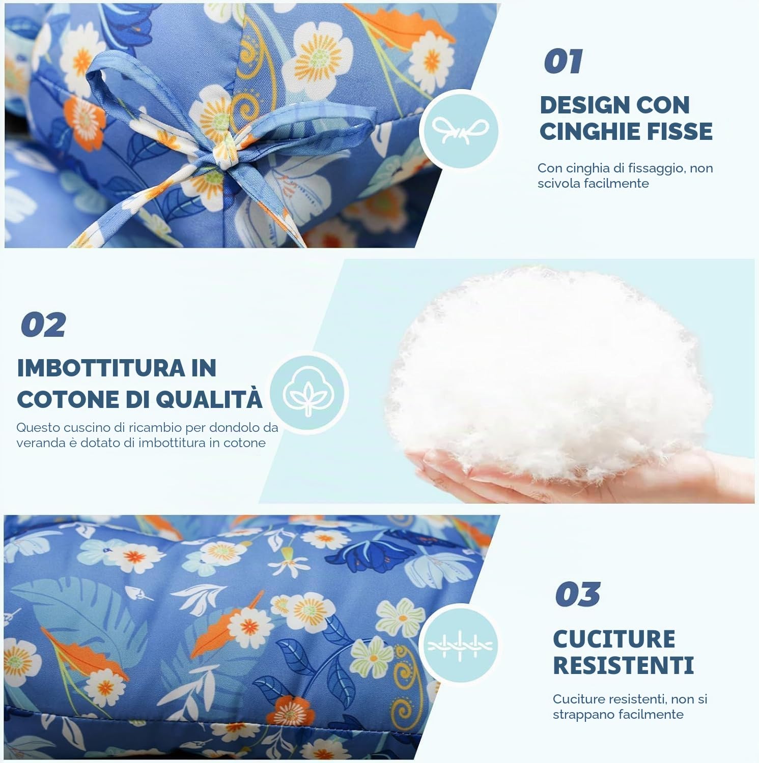 Cuscino spesso per panca da giardino a 2-3 posti, impermeabile, per dondolo da giardino, con schienale, sedia a sdraio da esterno, amaca e portico, con laccetti, per mobili a baldacchino (peonia blu