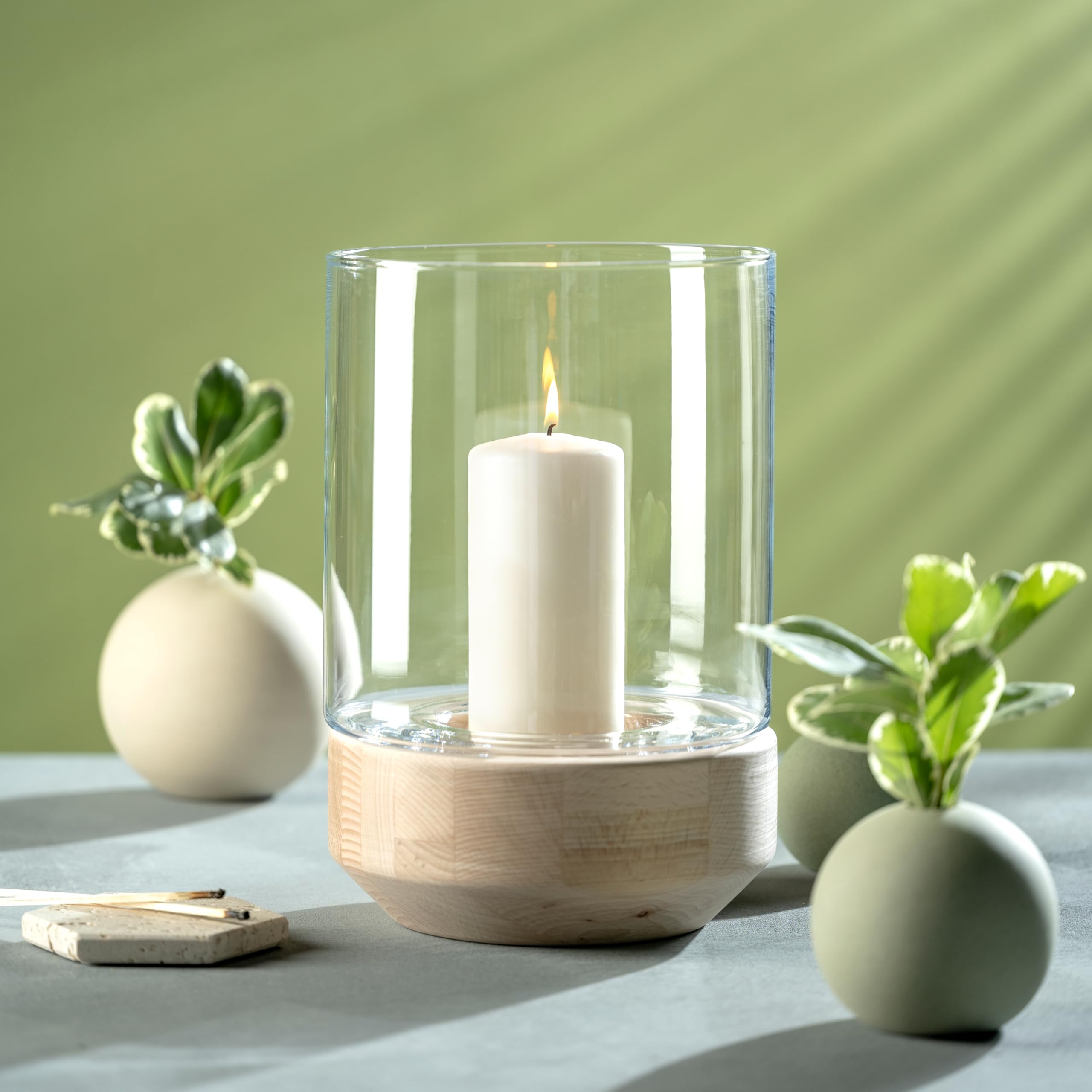 LEONARDO HOME Legno Windlicht, 1 Stück, Moderne Vase aus Glas und Holz, handgemacht, Zeitloses Windlicht, einzigartiges Kunstwerk, Elegantes Design mit langlebiger Freude,Höhe 30 cm, beige, 084751