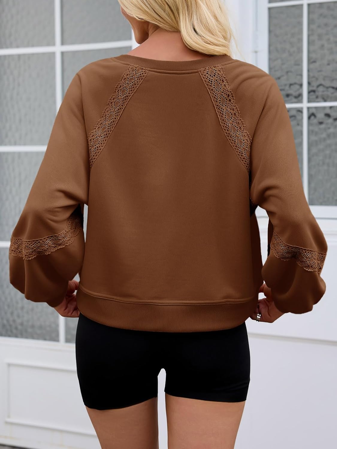Fisoew Womens Casual Sweatshirt Lantern Long Sleeve V Neck Lace Loose Fit Fall Pullover Tops Coffee - Image 4